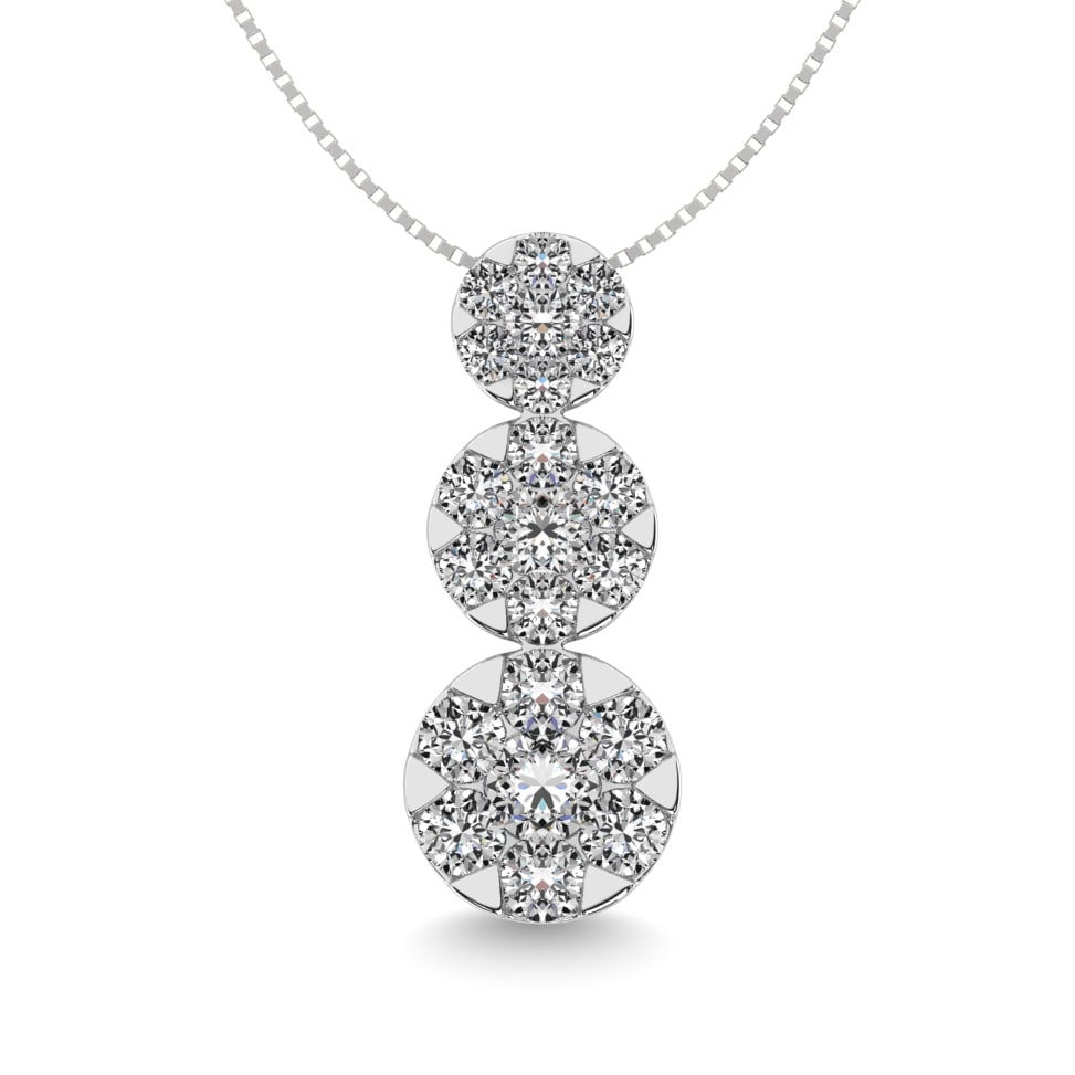 Diamond 1 1/2 Ct.tw Three Stone Flower Pendant in 14K White Gold: Diamond 1 1/2 Ct.tw Three Stone Flower Pendant in 14K White Gold 14k White Gold Stone Color: G-h Stone Clarity: Si2 Unless otherwise specified, pendants that include a chain are paired with our standa