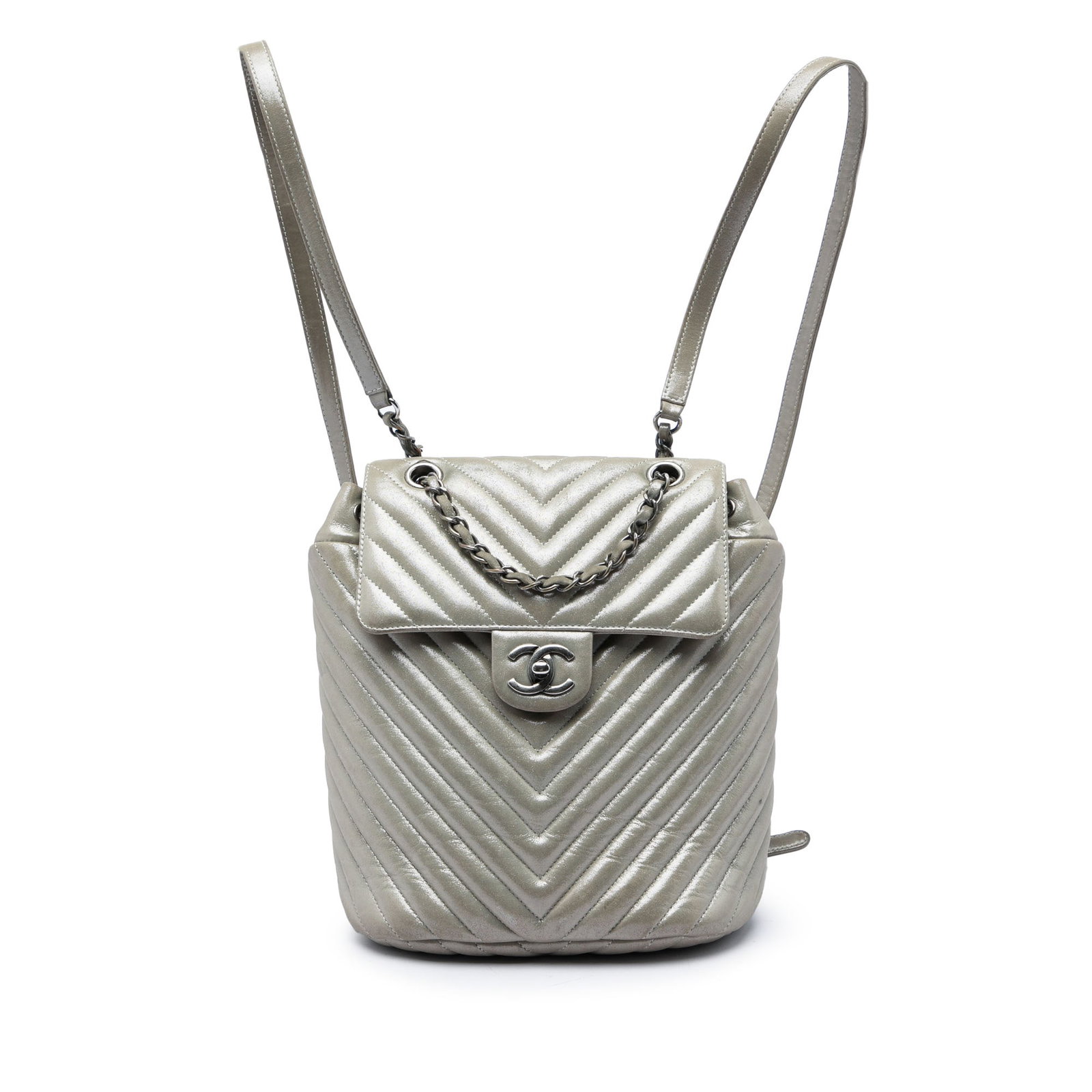 Chanel Urban Spirit Small Chevron Calfskin Backpack Iridescent Gray: Chanel Urban Spirit Small Chevron Calfskin Backpack Iridescent Gray A Chanel Urban Spirit backpack crafted in gray iridescent chevron quilted calfskin leather. This small backpack features a leather-w
