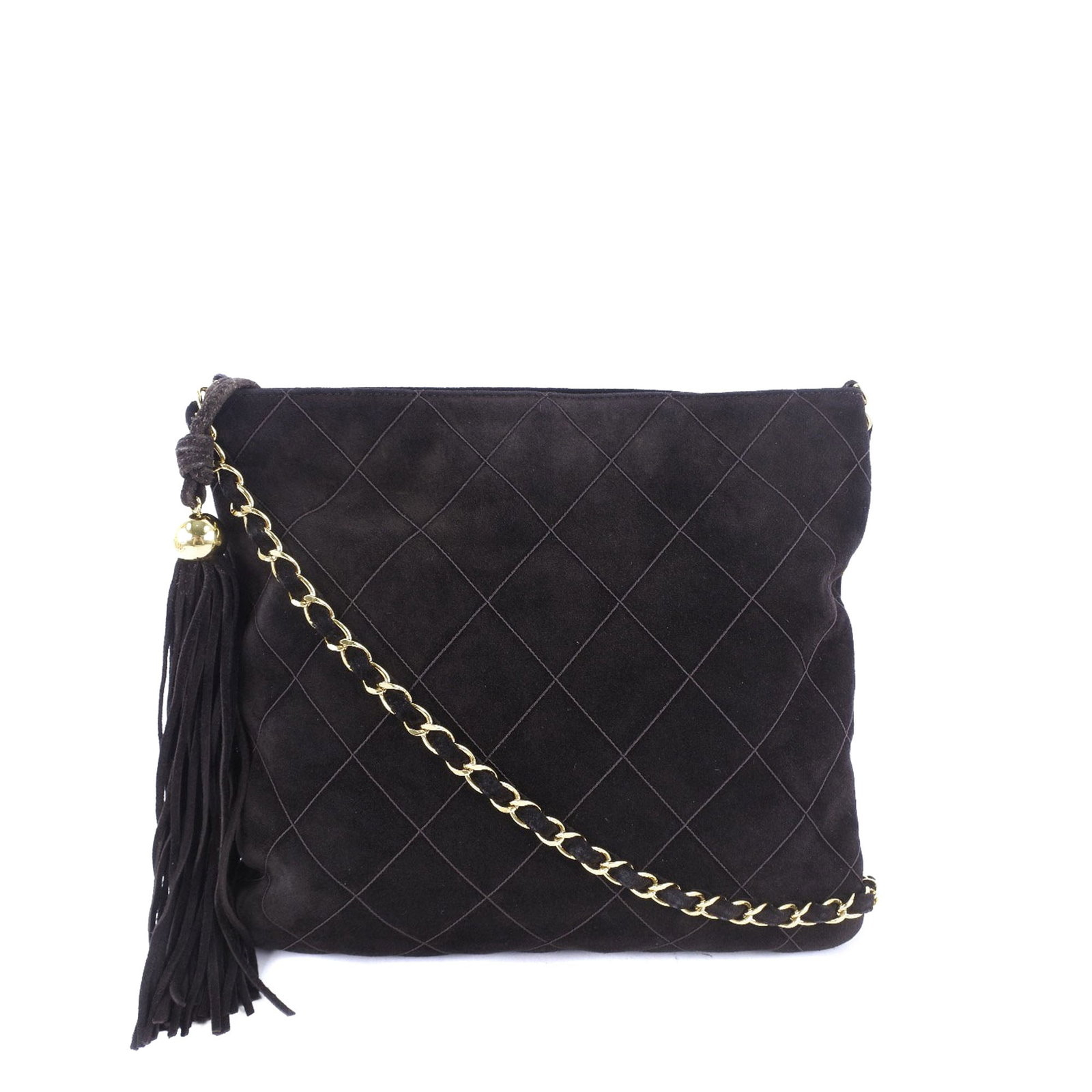 Chanel Brown Suede Quilted Crossbody Bag with Tassel Accent: Chanel Brown Suede Quilted Crossbody Bag with Tassel Accent This Chanel crossbody bag features a quilted suede leather exterior with a leather woven chain strap and a top zip closure adorned with a ta