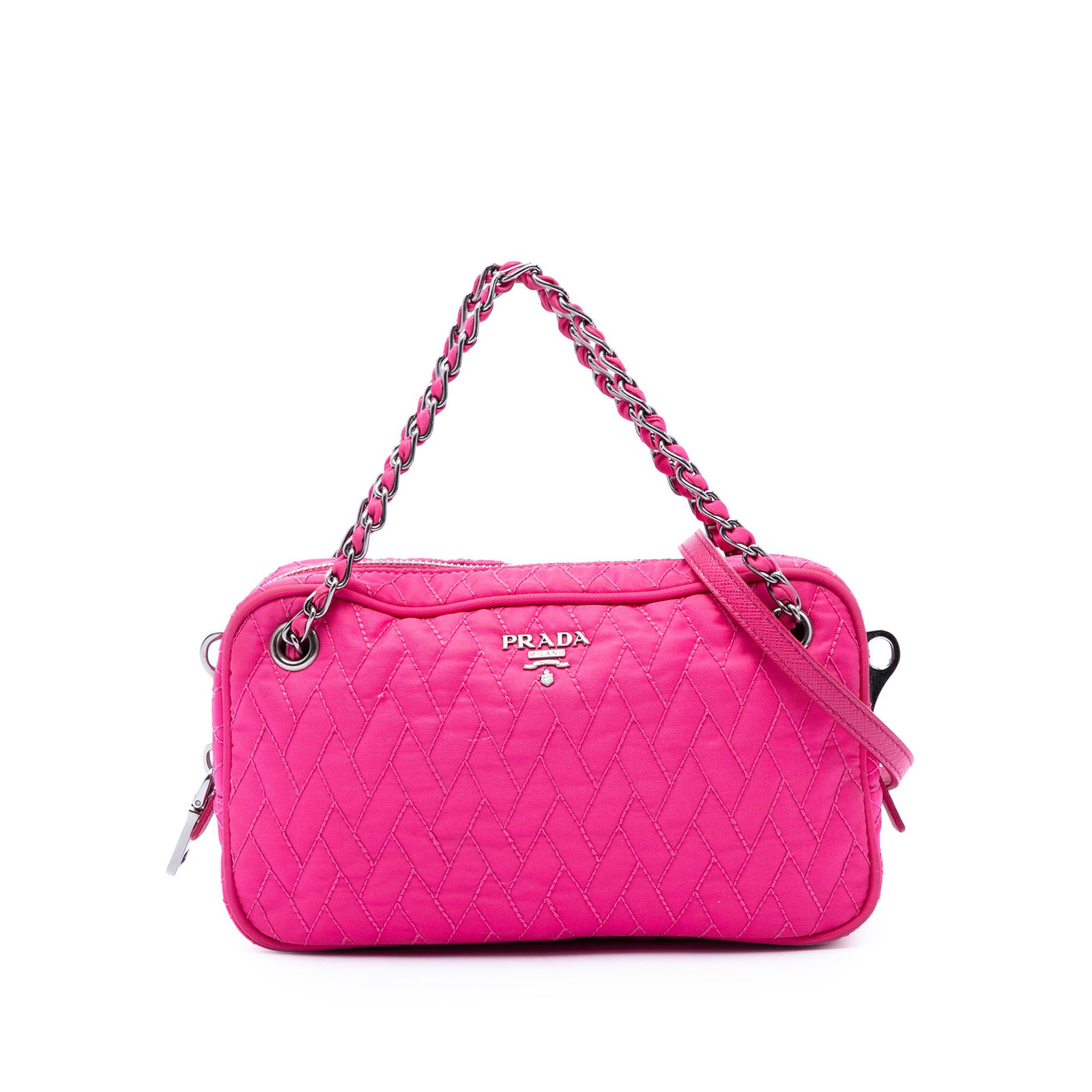 Prada Impuntu Tessuto Pink Nylon Satchel with Chain Strap: Prada Impuntu Tessuto Pink Nylon Satchel with Chain Strap Prada Impuntu Tessuto Chain Satchel in pink nylon with leather trim. This satchel features nylon-woven chain link straps, a detachable flat le