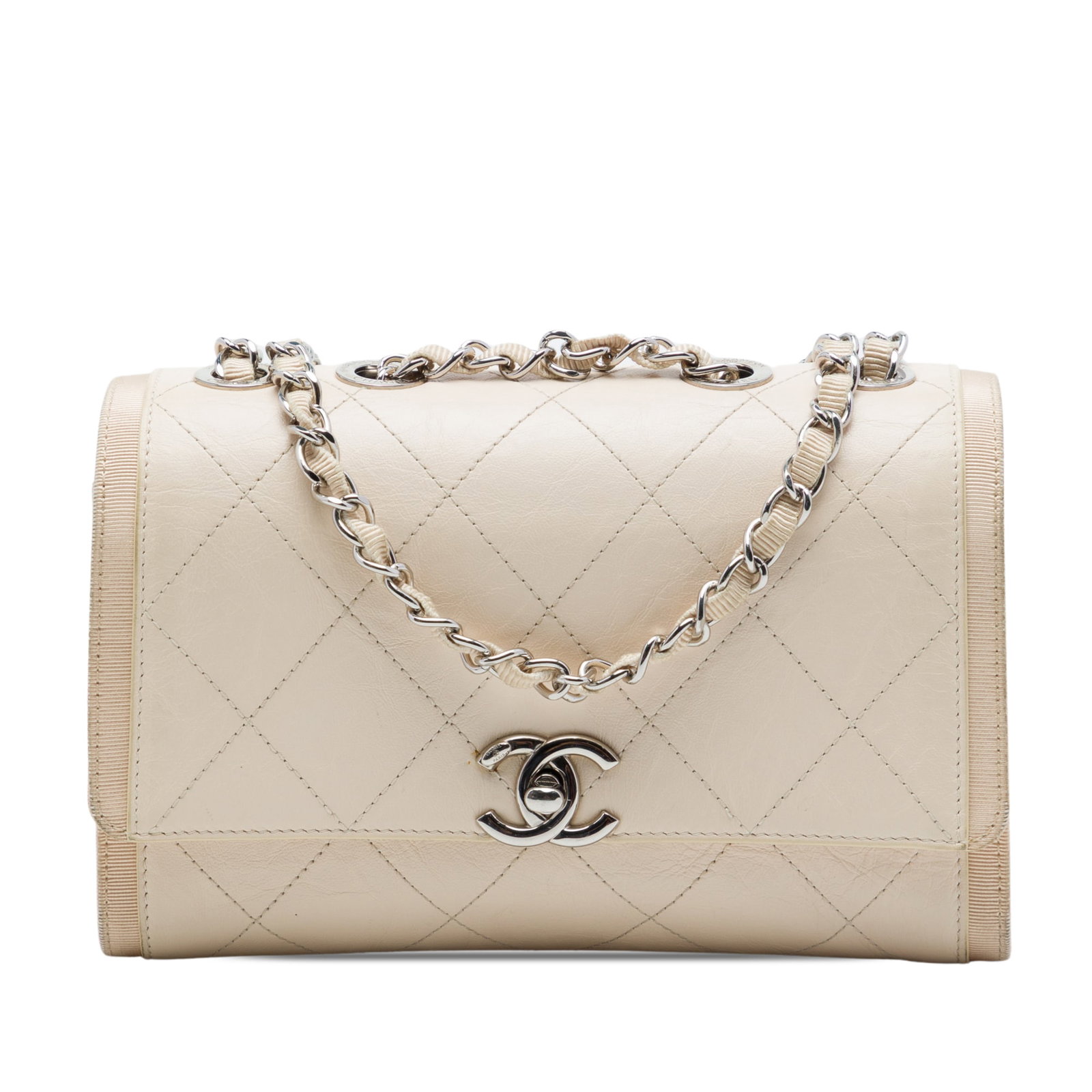 Chanel CC Flap Shoulder Bag Quilted Crumpled Calfskin Grosgrain: Chanel CC Flap Shoulder Bag Quilted Crumpled Calfskin Grosgrain A Chanel shoulder bag crafted in quilted crumpled calfskin with grosgrain woven chain link straps and a front flap with CC turn-lock clo