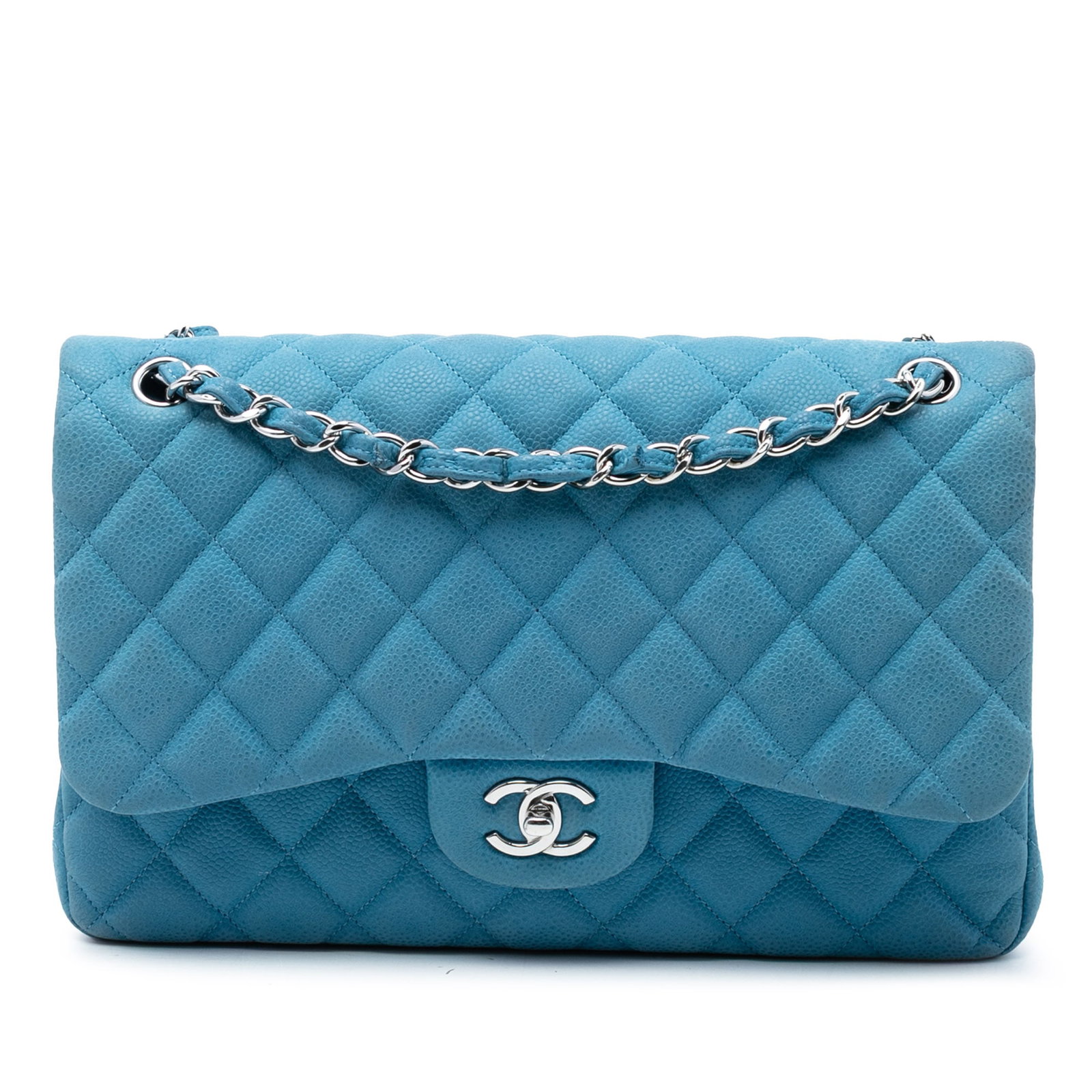 Chanel blue caviar leather jumbo double flap shoulder bag: Chanel blue caviar leather jumbo double flap shoulder bag This Chanel Jumbo Classic Caviar Double Flap shoulder bag is crafted from quilted caviar leather in blue and features leather-woven chain stra