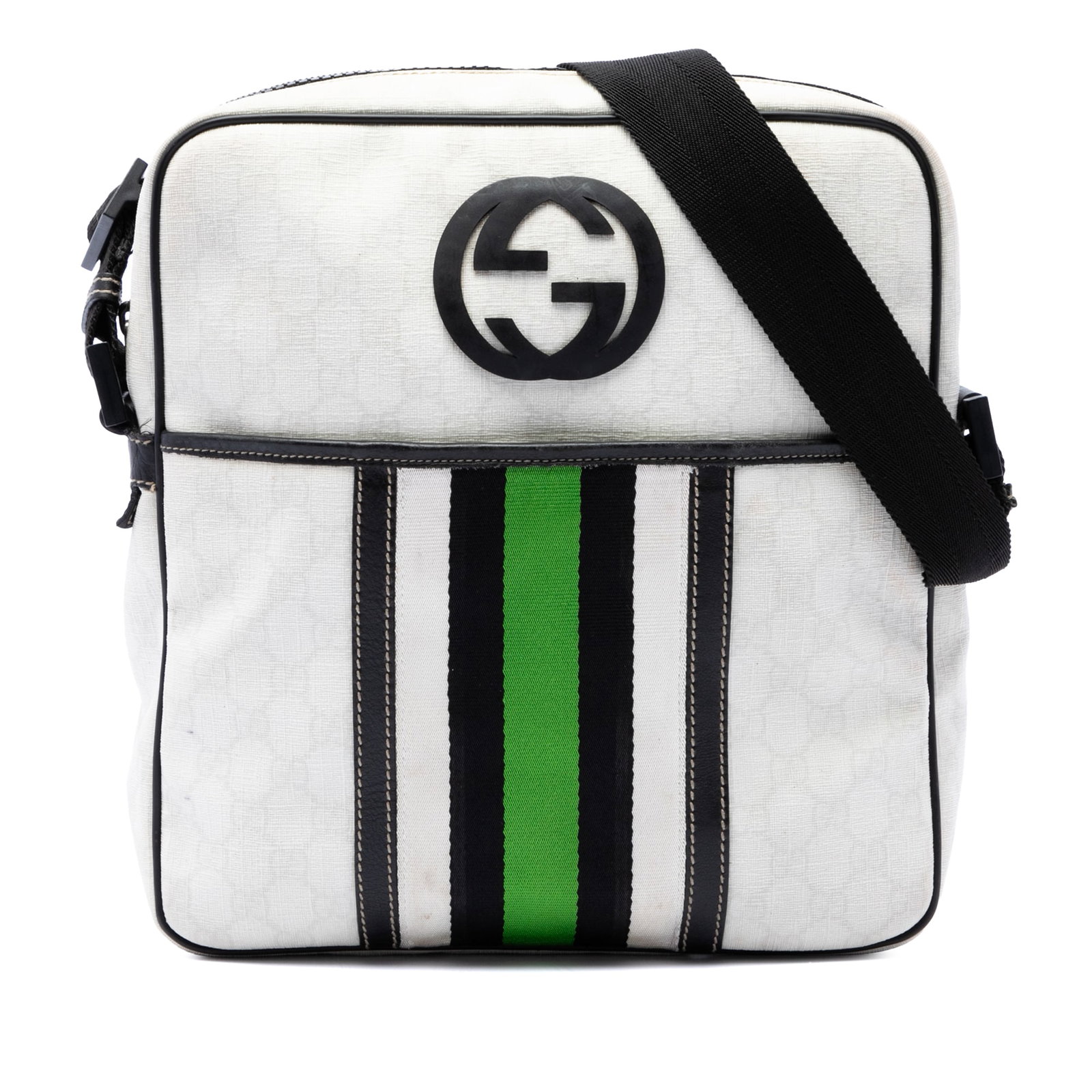 Gucci GG Supreme Interlocking G Crossbody Bag with Web Detail: Gucci GG Supreme Interlocking G Crossbody Bag with Web Detail Gucci GG Supreme Interlocking G Web Crossbody bag in white with web detail and a top zip closure. The design includes an adjustable flat s