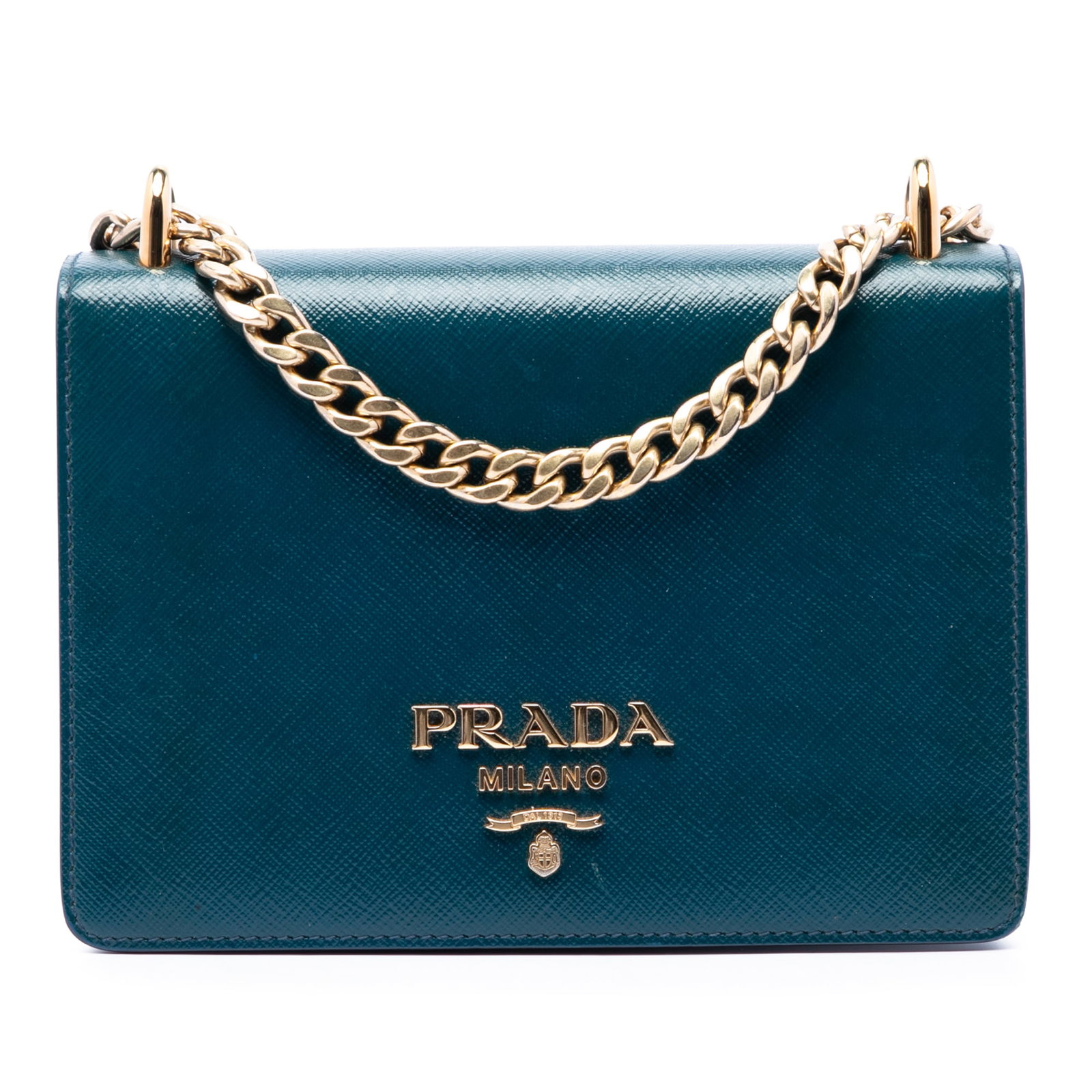 Prada Saffiano Leather Mini Flap Crossbody Bag Blue: Prada Saffiano Leather Mini Flap Crossbody Bag Blue A Prada Mini Saffiano Chain Flap Crossbody in blue leather with a structured silhouette and compact design. It features a curb chain strap, a front 
