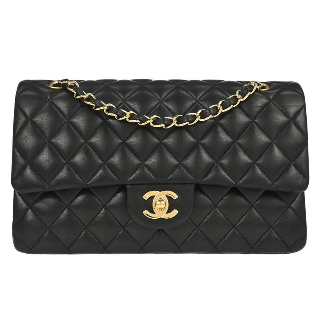 CHANEL Classic Double Flap Medium Shoulder Bag Black Lambskin: CHANEL Classic Double Flap Medium Shoulder Bag Black Lambskin Chanel Medium Classic Double Flap shoulder bag in black lambskin leather with a turn-lock closure and shoulder strap. Made in France, this
