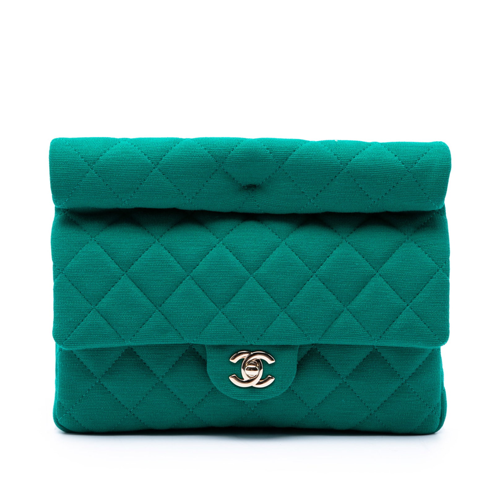 Chanel CC Roll Clutch Quilted Jersey Fabric Bag: Chanel CC Roll Clutch Quilted Jersey Fabric Bag A Chanel CC Quilted Jersey Roll Clutch in green fabric with a quilted body and distinctive roll top style handle. The design includes a front flap with 