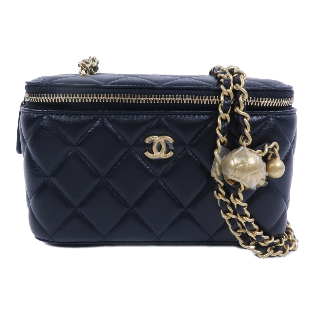 CHANEL CC Vanity Case 2 Way Shoulder Bag Black Lambskin Gold Ball: CHANEL CC Vanity Case 2 Way Shoulder Bag Black Lambskin Gold Ball Compact Chanel vanity case in black lambskin leather with CC detailing and a gold ball accent. This 2-way shoulder bag features a stru