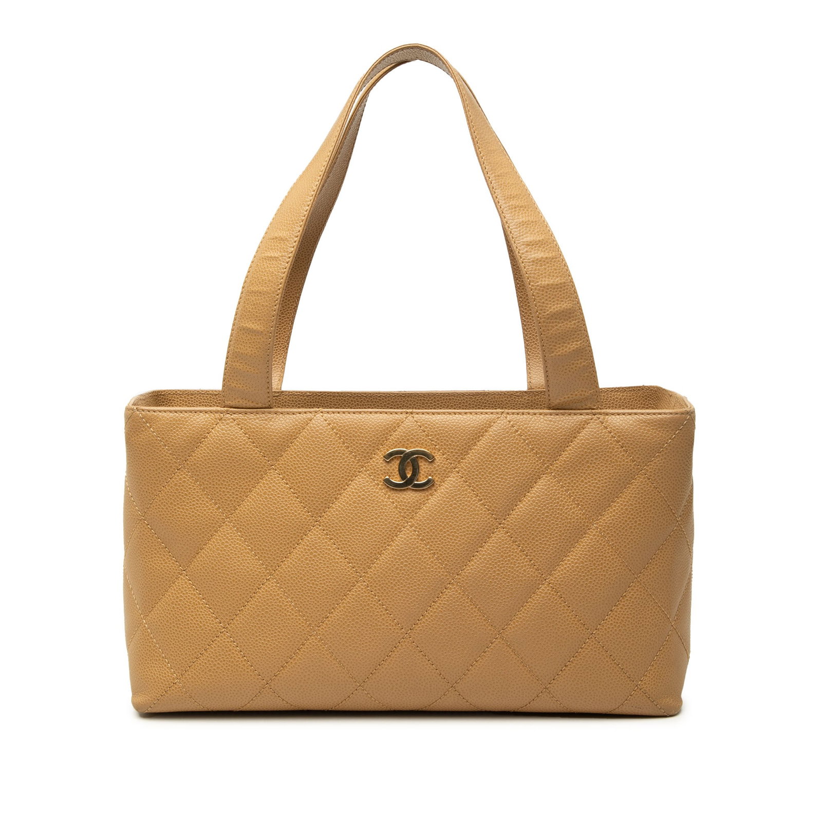 Chanel CC Caviar Quilted Leather Tote Bag Beige: Chanel CC Caviar Quilted Leather Tote Bag Beige A Chanel CC Quilted Caviar Tote in beige leather with a quilted body, flat leather handles, an open top, and interior zip and slip pockets. This tote is