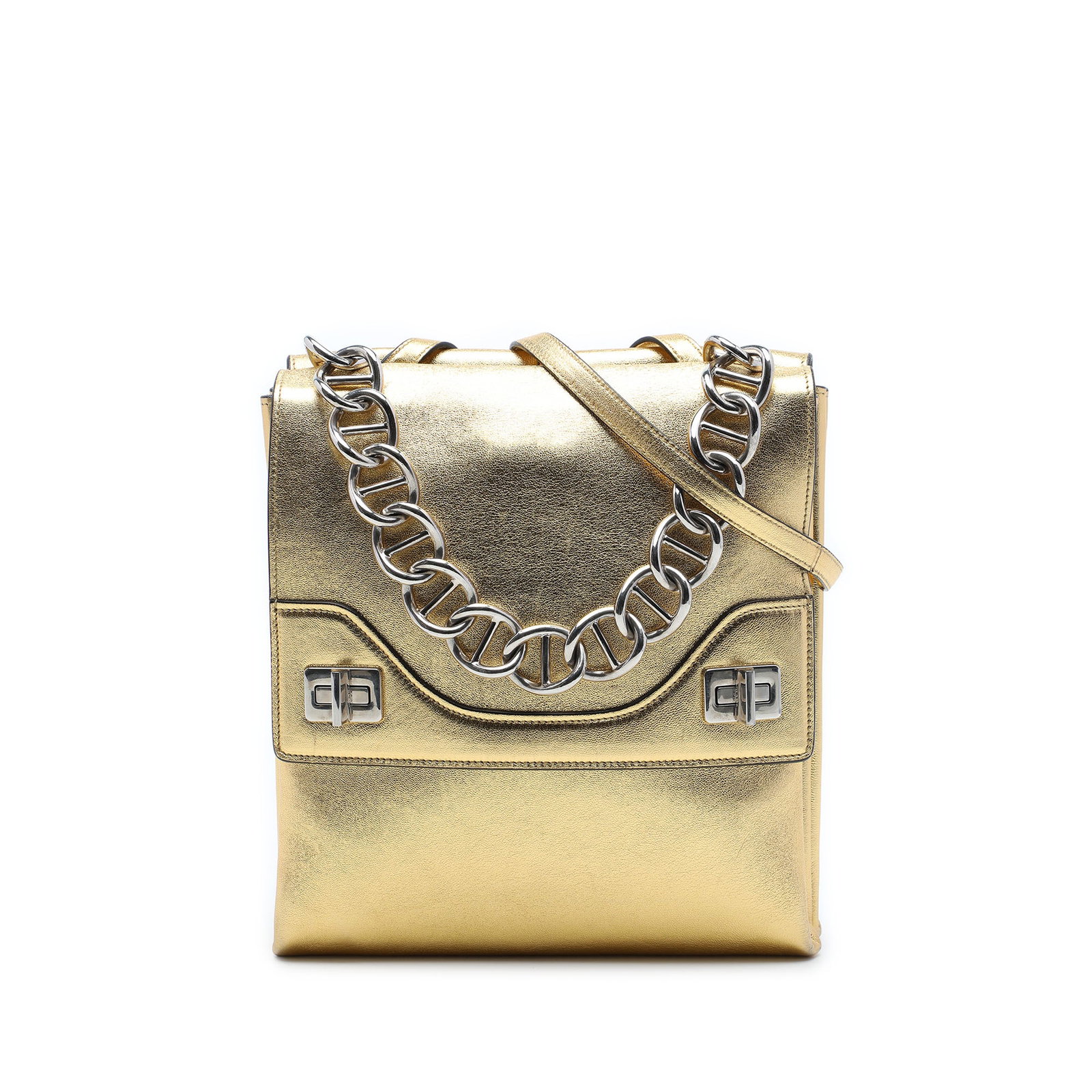Prada satchel in metallic leather with double flap turn locks: Prada satchel in metallic leather with double flap turn locks A Prada satchel crafted in metallic leather with a structured double-flap design and dual turn lock closures. It features a metal chain ha