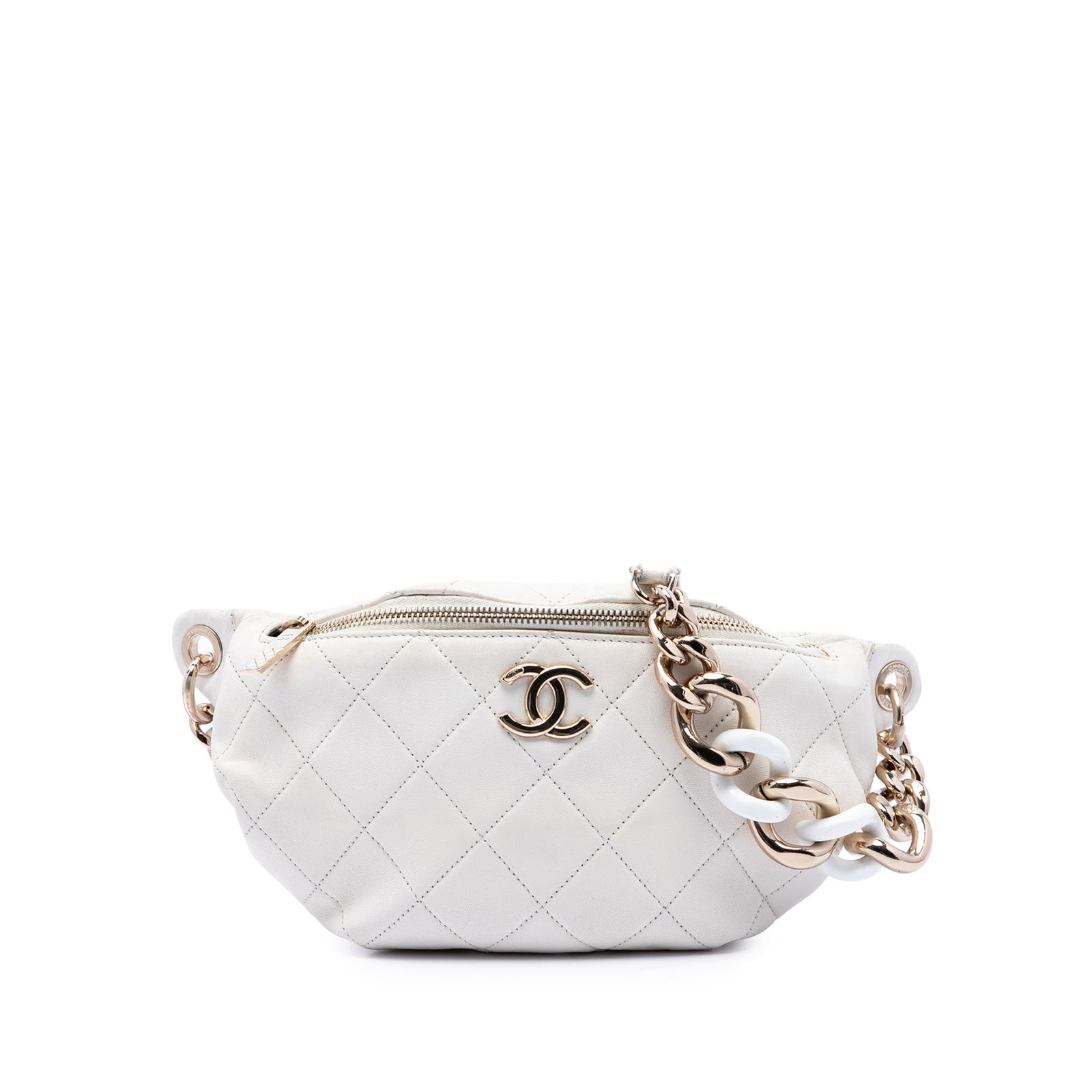 Chanel CC Elegant Belt Bag in White Quilted Calfskin: Chanel CC Elegant Belt Bag in White Quilted Calfskin Chanel CC Quilted Calfskin Elegant Belt Bag in white leather with a quilted design. This belt bag features an adjustable acrylic and metal chain wa