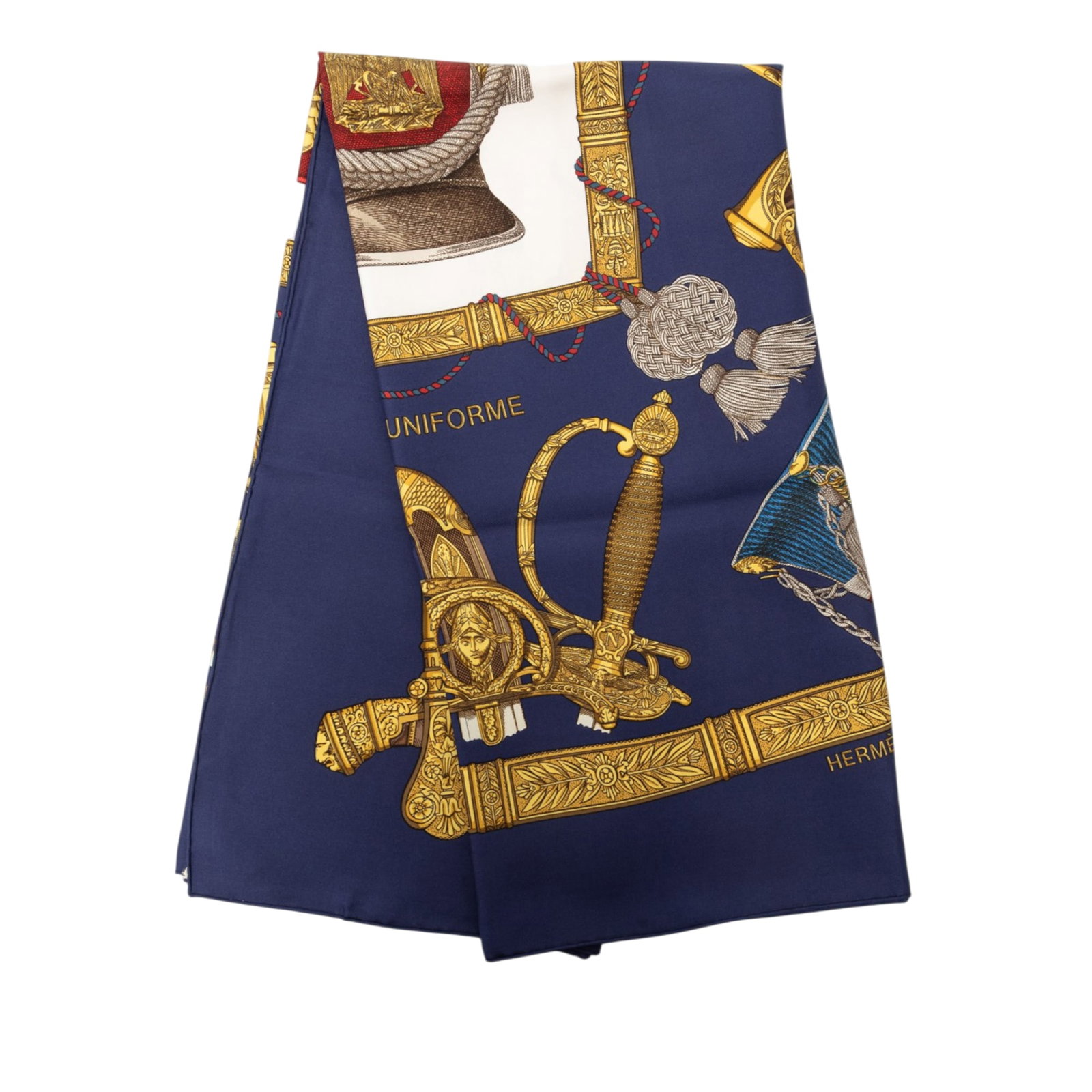 Hermes Grand Uniforme 90 Silk Scarf Blue France: Hermes Grand Uniforme 90 Silk Scarf Blue France Hermes Grand Uniforme Silk Scarf 90 in blue silk, made in France. This accessory features the Grand Uniforme print and shows condition grade AB with cut