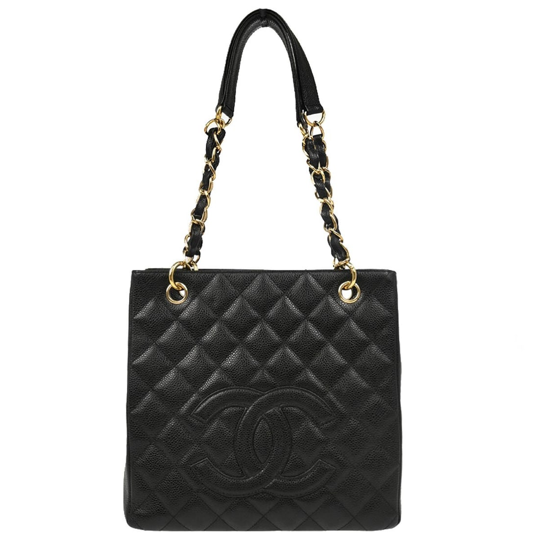 CHANEL Petite Shopping Tote black caviar leather chain strap bag: CHANEL Petite Shopping Tote black caviar leather chain strap bag Chanel Petite Shopping Tote PST chain handbag in black caviar skin leather with a quilted exterior and magnetic closure. This medium to