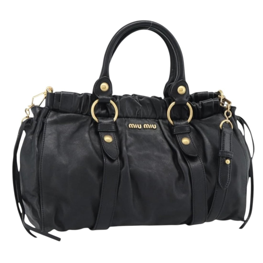 Miu Miu black leather 2-way handbag with shoulder strap: Miu Miu black leather 2-way handbag with shoulder strap Miu Miu 2-way handbag in black leather with gold-tone accents. Designed for women, this Italian-made bag includes a shoulder strap and can be ca