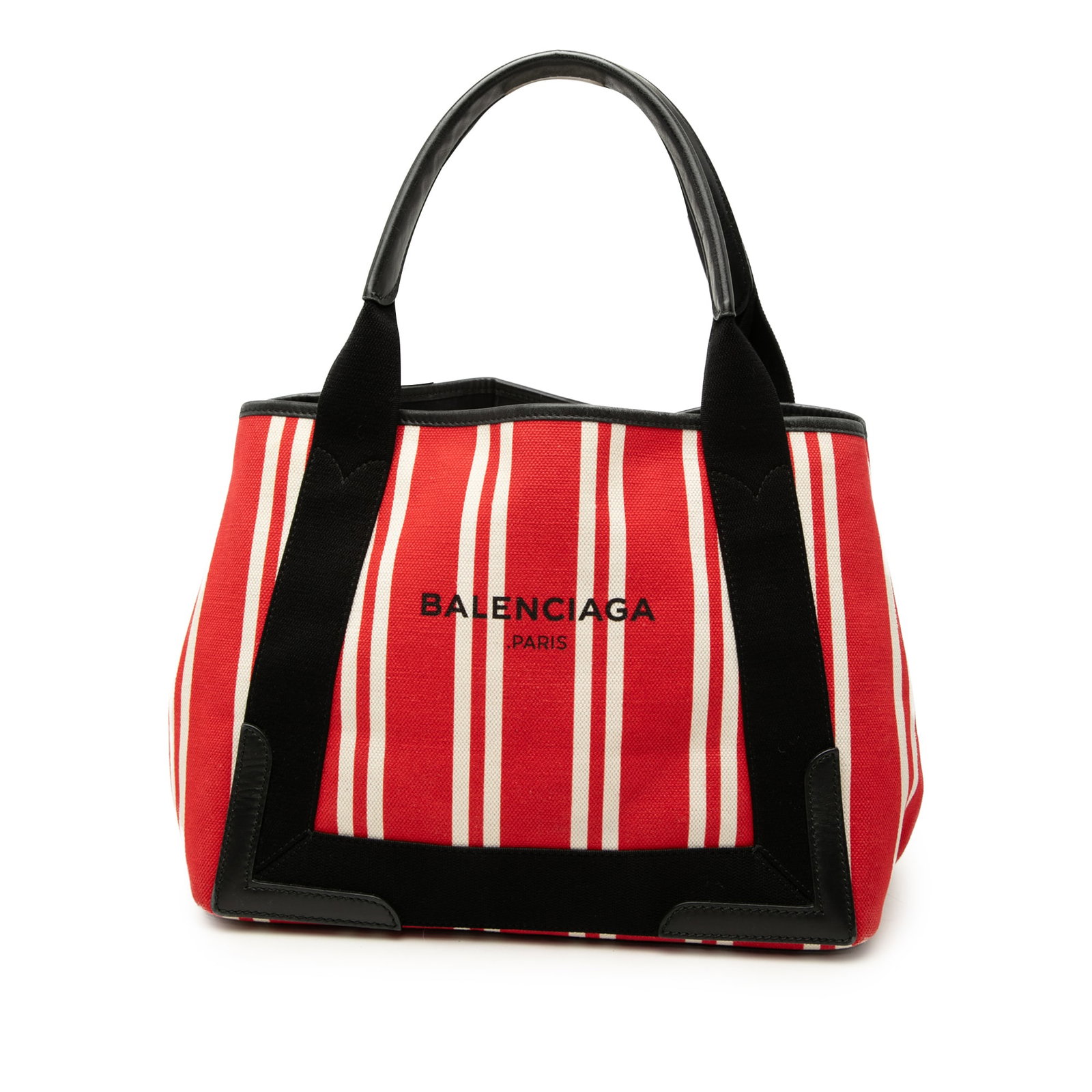 Balenciaga Navy Cabas S striped canvas tote bag: Balenciaga Navy Cabas S striped canvas tote bag Balenciaga Navy Cabas S tote bag crafted with a striped canvas body and leather trim. It features flat leather handles and an open-top design. Includes 