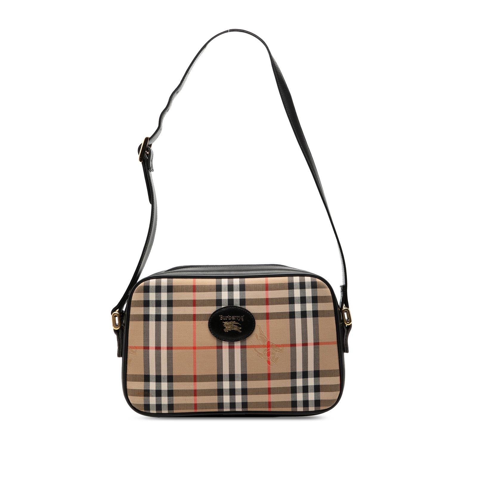 Burberry Haymarket Check shoulder camera bag in canvas: Burberry Haymarket Check shoulder camera bag in canvas Burberry Haymarket Check camera bag in beige canvas with leather trim. This shoulder bag features an adjustable flat leather strap, top zip closu