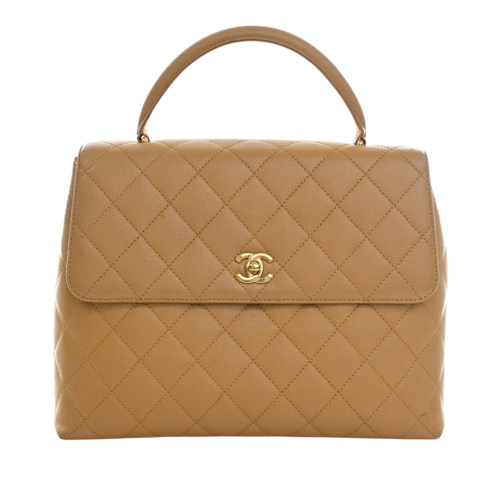 Chanel Kelly Top Handle Bag in Beige Quilted Caviar Leather: Chanel Kelly Top Handle Bag in Beige Quilted Caviar Leather A structured top handle bag in beige caviar leather with Chanel's quilted CC design and a turn-lock flap closure. The bag features a rolled 