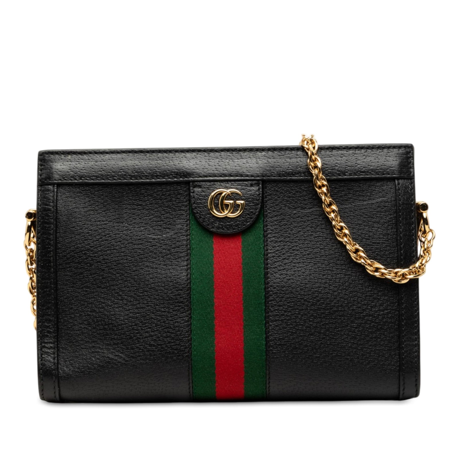 Gucci Ophidia Small Leather Chain Crossbody Bag Black: Gucci Ophidia Small Leather Chain Crossbody Bag Black Small Gucci Ophidia chain crossbody bag in black calfskin leather with the Web detail. It features a chain link shoulder strap, an open top with m