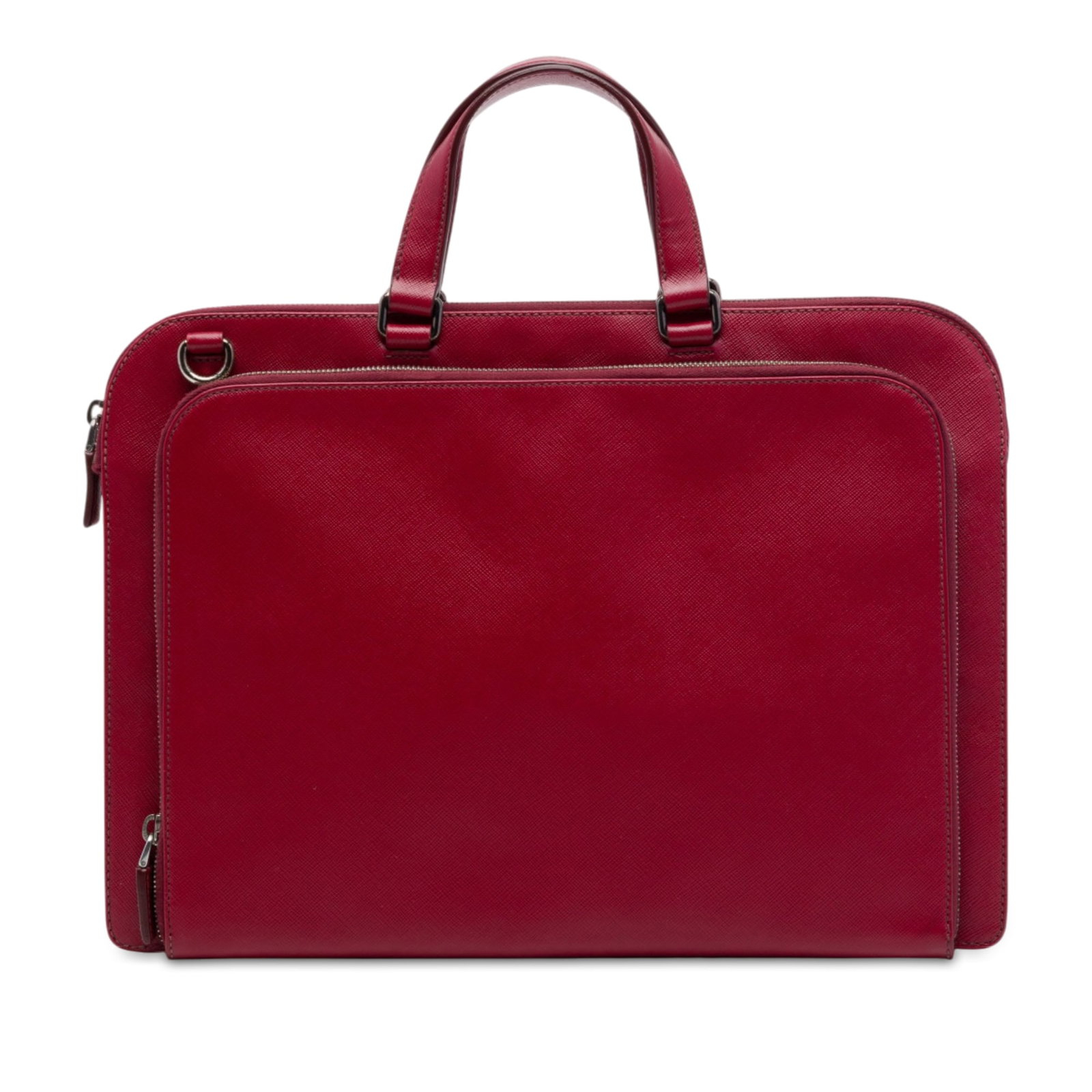 Prada Saffiano Leather Briefcase Red Zip Top Bag: Prada Saffiano Leather Briefcase Red Zip Top Bag Prada Saffiano Business Bag in red leather with flat leather handles, a top zip closure, an exterior zip compartment, and an interior zip compartment. 
