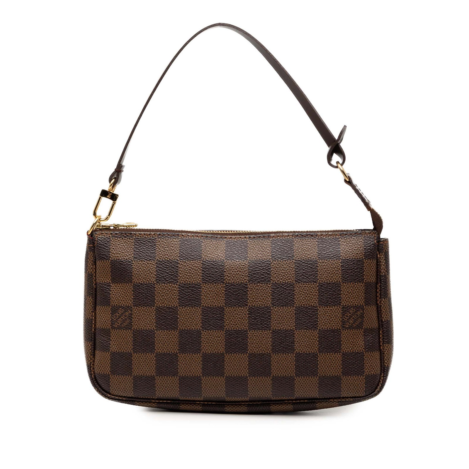 Louis Vuitton Damier Ebene Pochette Accessoires Brown Bag: Louis Vuitton Damier Ebene Pochette Accessoires Brown Bag A compact Louis Vuitton Pochette Accessoires in Damier Ebene canvas with a flat leather handle and top zip closure. Made in Spain, this brown 