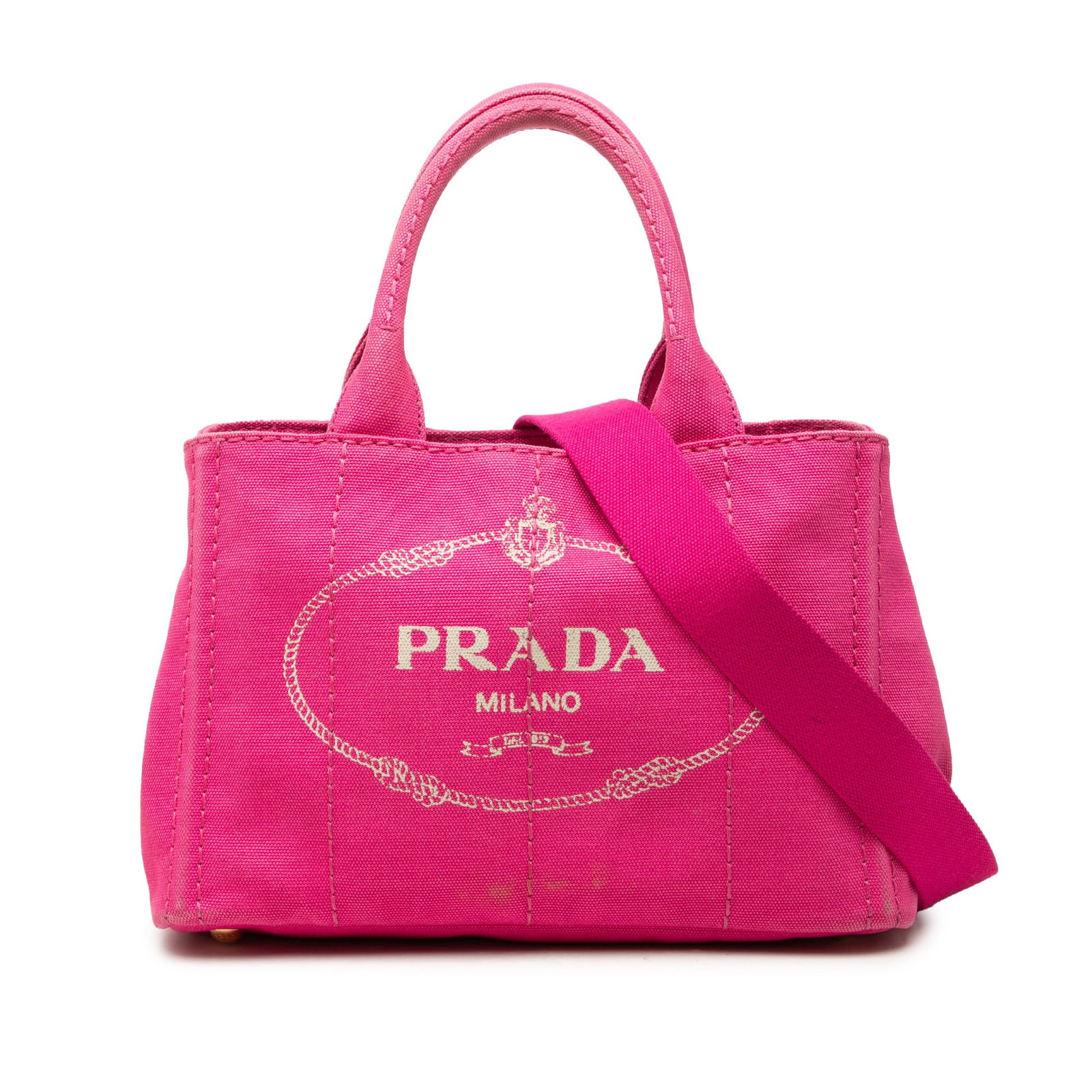 Prada Canapa Small Pink Canvas Satchel Tote Bag: Prada Canapa Small Pink Canvas Satchel Tote Bag Prada Small Canapa Logo tote in pink canvas with rolled top handles and a detachable flat canvas strap. The bag features an open top with side snap clos
