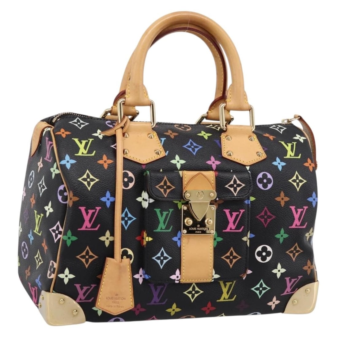 Louis Vuitton M92642 Speedy 30 Monogram Multicolor Black Handbag: Louis Vuitton M92642 Speedy 30 Monogram Multicolor Black Handbag Louis Vuitton Speedy 30 handbag in black Monogram Multicolor canvas. Made in France, this women's handbag includes a dust bag, two keys
