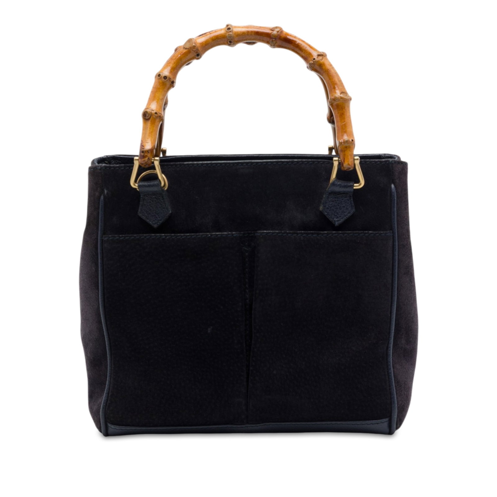 Gucci Suede Bamboo Satchel Bag Blue Leather Trim: Gucci Suede Bamboo Satchel Bag Blue Leather Trim A Gucci suede bamboo satchel with leather trim and bamboo top handles. The design includes a fold-in flap with a magnetic snap button closure, exterior