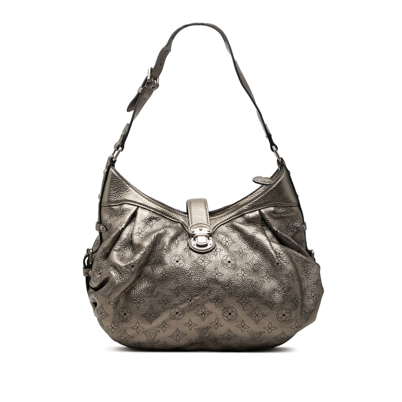 Louis Vuitton Monogram Mahina XS Leather Crossbody Bag: Louis Vuitton Monogram Mahina XS Leather Crossbody Bag Louis Vuitton Monogram Mahina XS crossbody bag crafted in silver leather. It features an adjustable flat leather shoulder strap, a front strap wi