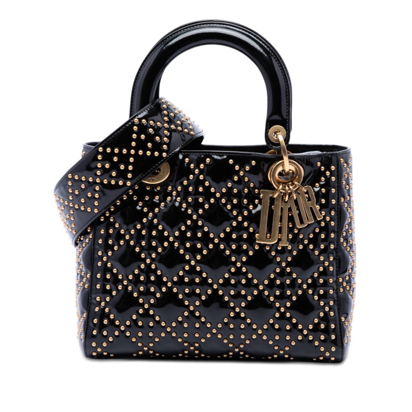 Dior Lady Dior Medium Black Patent Leather Studded Satchel: Dior Lady Dior Medium Black Patent Leather Studded Satchel A Dior Lady Dior satchel in black patent leather with the Cannage pattern and studded detailing. This medium bag features flat handles, a det