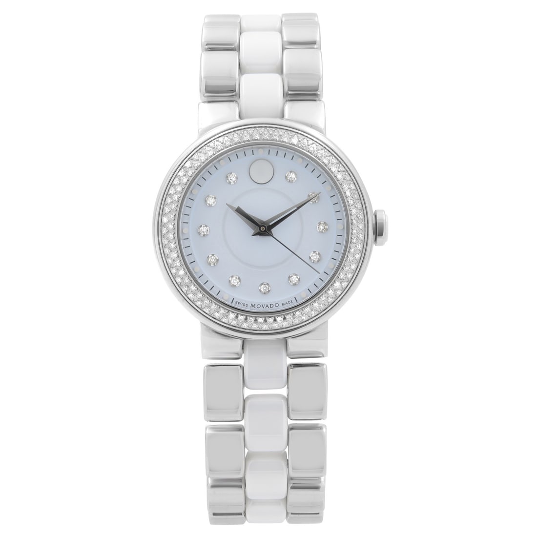 Movado Cerena 28mm Ladies Watch Diamond Bezel Blue Dial Quartz: Movado Cerena 28mm Ladies Watch Diamond Bezel Blue Dial Quartz This Movado Cerena wristwatch elegantly combines style and functionality. Designed for ladies, it features a 28mm round stainless steel c