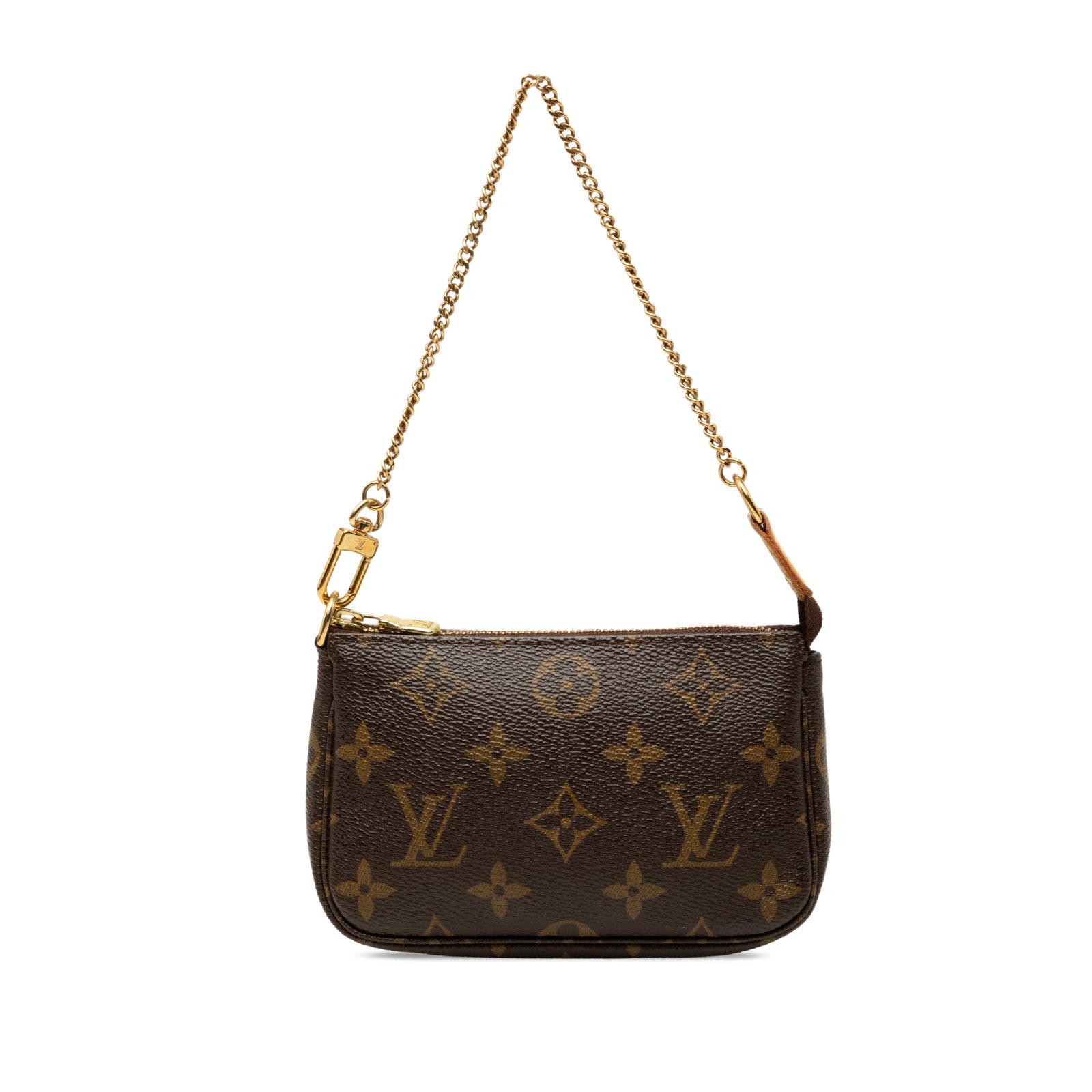 Louis Vuitton Monogram Mini Pochette Bag with Chain Strap: Louis Vuitton Monogram Mini Pochette Bag with Chain Strap A compact Louis Vuitton Mini Pochette Accessoires in Monogram canvas with a gold-tone chain strap and top zip closure. Made in France, this br
