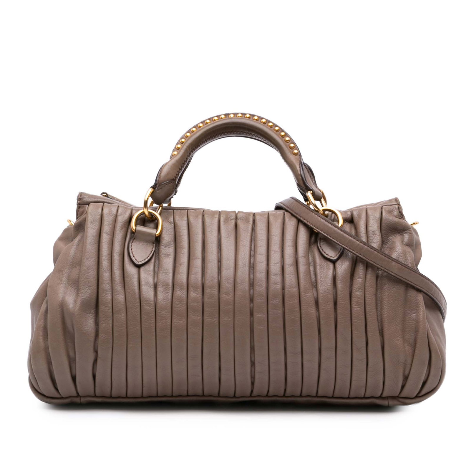 Miu Miu Nappa Bosco Brown Pleated Leather Handbag: Miu Miu Nappa Bosco Brown Pleated Leather Handbag A pleated Miu Miu satchel crafted in brown nappa leather. It features rolled leather handles with stud details, an adjustable and detachable flat leat
