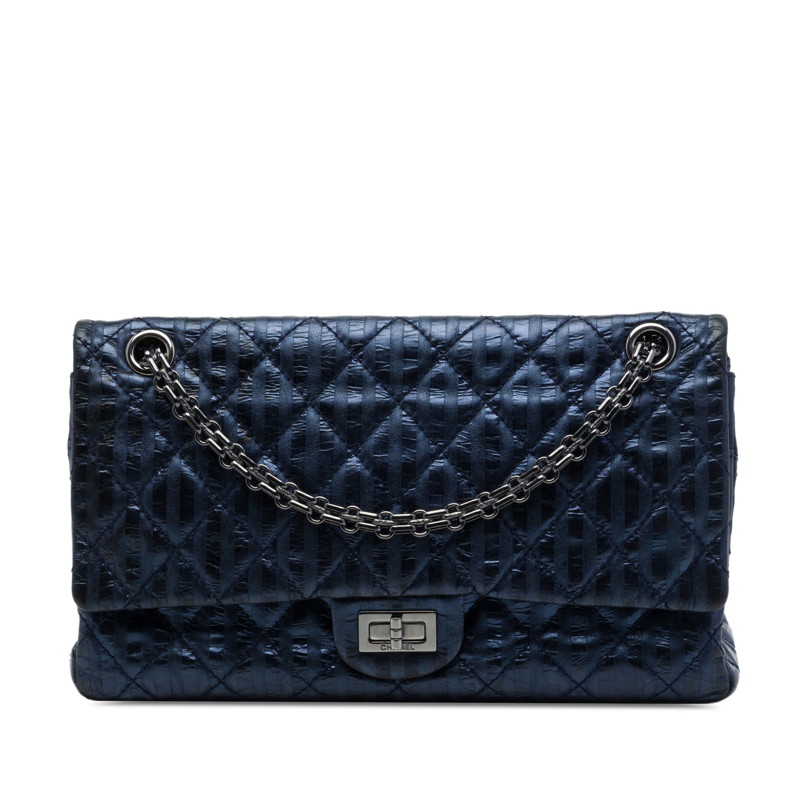 Chanel Reissue 2.55 Accordion Flap 226 Blue Aged Calfskin Bag: Chanel Reissue 2.55 Accordion Flap 226 Blue Aged Calfskin Bag A Chanel Reissue 2.55 Accordion Flap 226 shoulder bag crafted in metallic striped aged calfskin leather. This blue bag features chain link