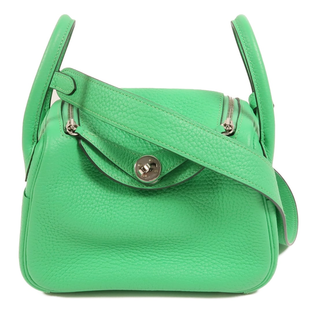 Hermes Mini Lindy 2 Way Shoulder Bag Vert Comic Taurillon Clemence PHW: Hermes Mini Lindy 2 Way Shoulder Bag Vert Comic Taurillon Clemence PHW HERMES PHW Mini Lindy 2 Way Shoulder Bag in Taurillon Clemence leather and calfskin (cowhide) with a green Vert Comic colorway. T