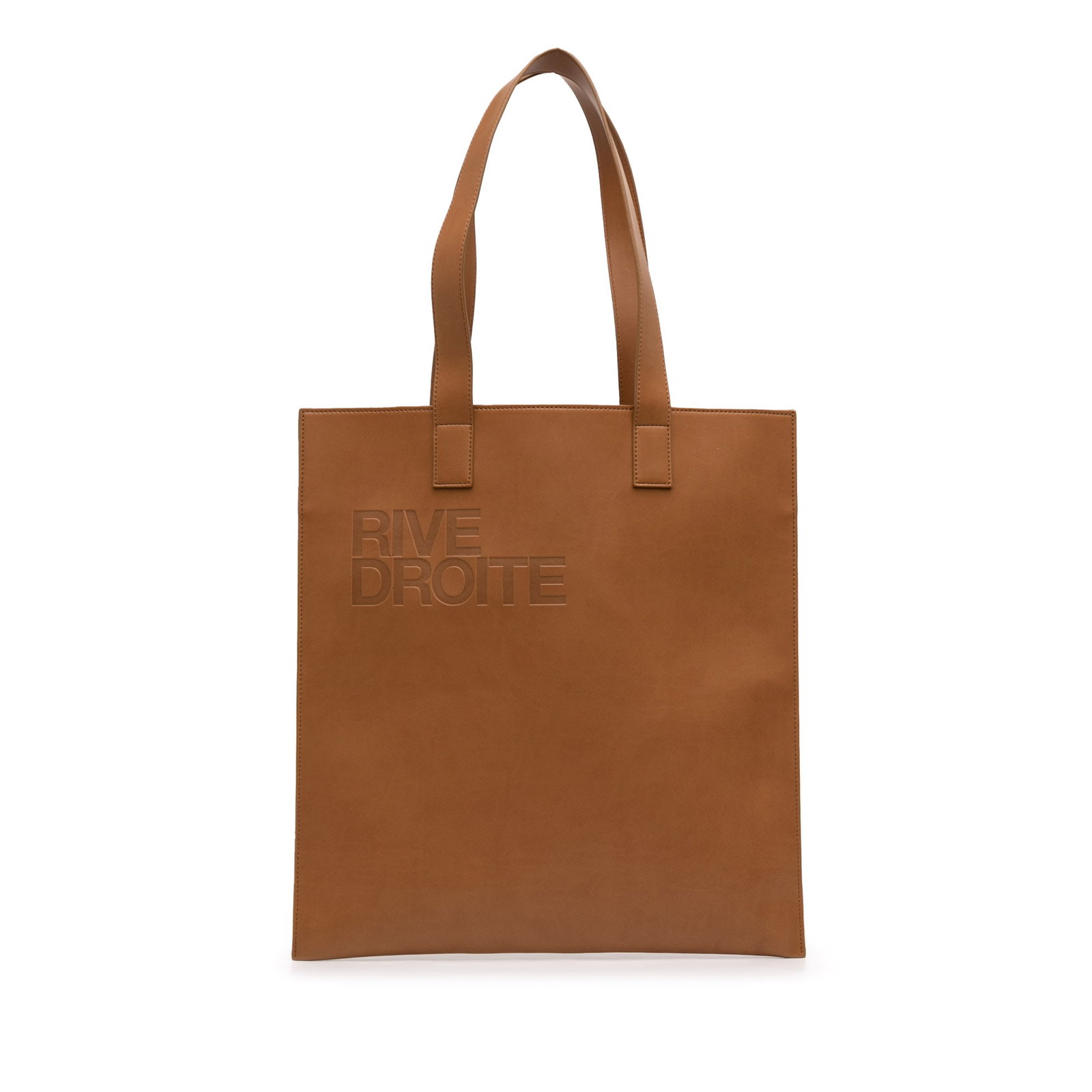 Saint Laurent Rive Droite faux leather tote bag: Saint Laurent Rive Droite faux leather tote bag This Saint Laurent Vegan Leather Rive Droite Tote features a brown faux leather exterior with flat straps and an open top design. The tote is crafted in