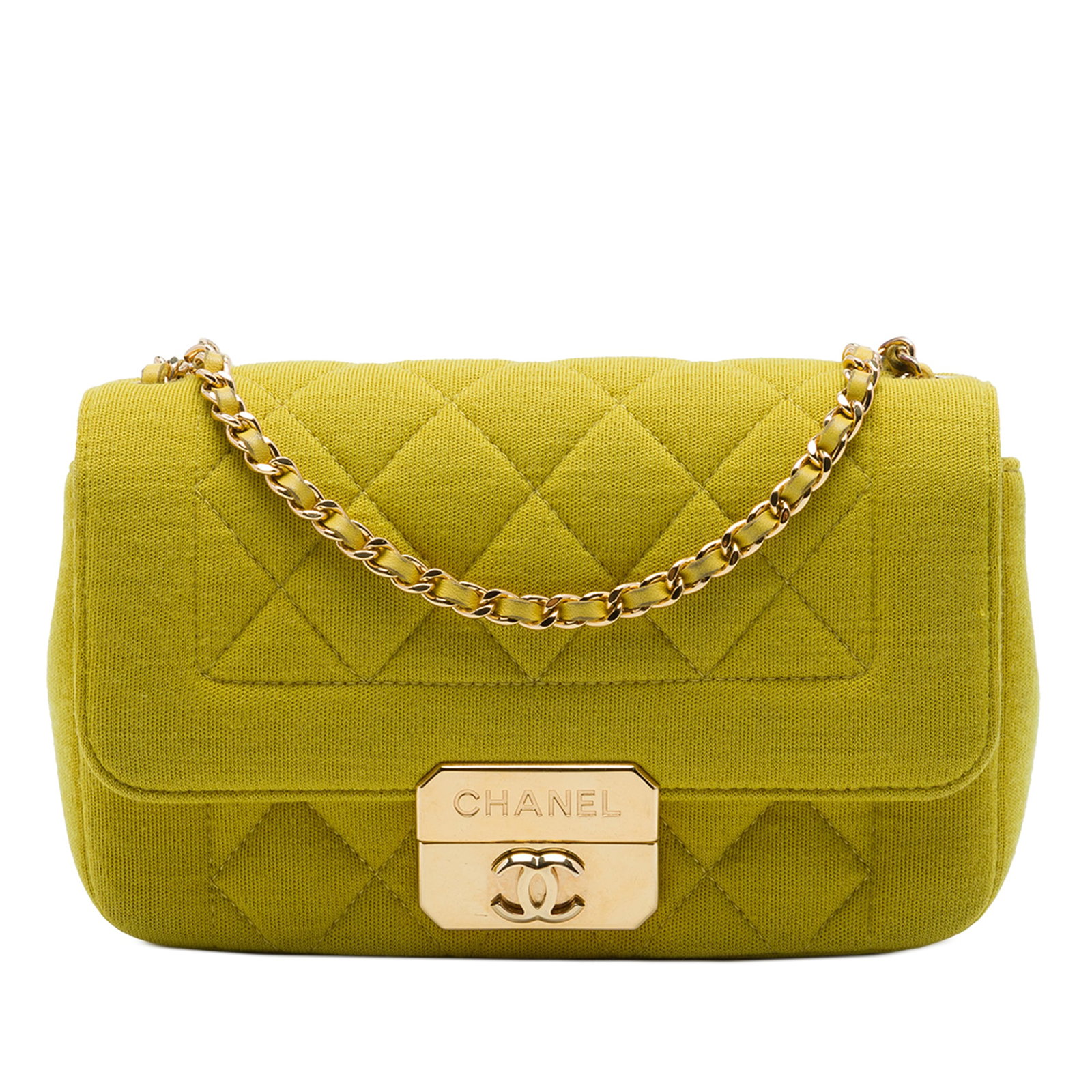 Chanel Mini Jersey Chic With Me Flap Crossbody Bag Yellow: Chanel Mini Jersey Chic With Me Flap Crossbody Bag Yellow A Chanel Mini Jersey Chic With Me Flap crossbody bag in yellow with a fabric body and leather-woven chain link shoulder strap. The design feat