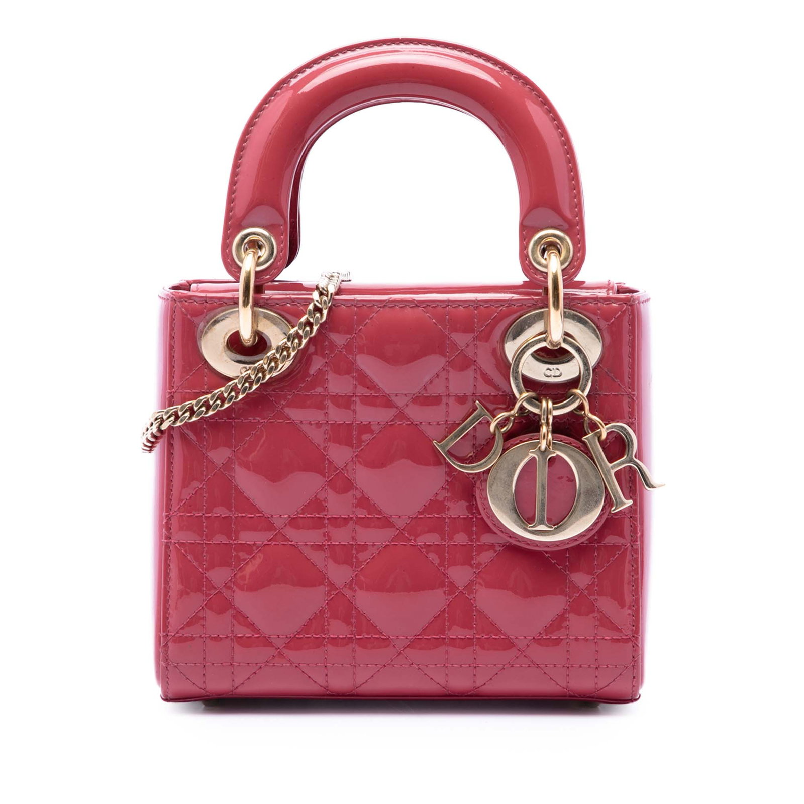 Dior Lady Dior Mini red patent leather handbag: Dior Lady Dior Mini red patent leather handbag A compact Lady Dior bag crafted in red patent leather with the signature Cannage quilted design. It features flat top handles, a detachable chain strap w