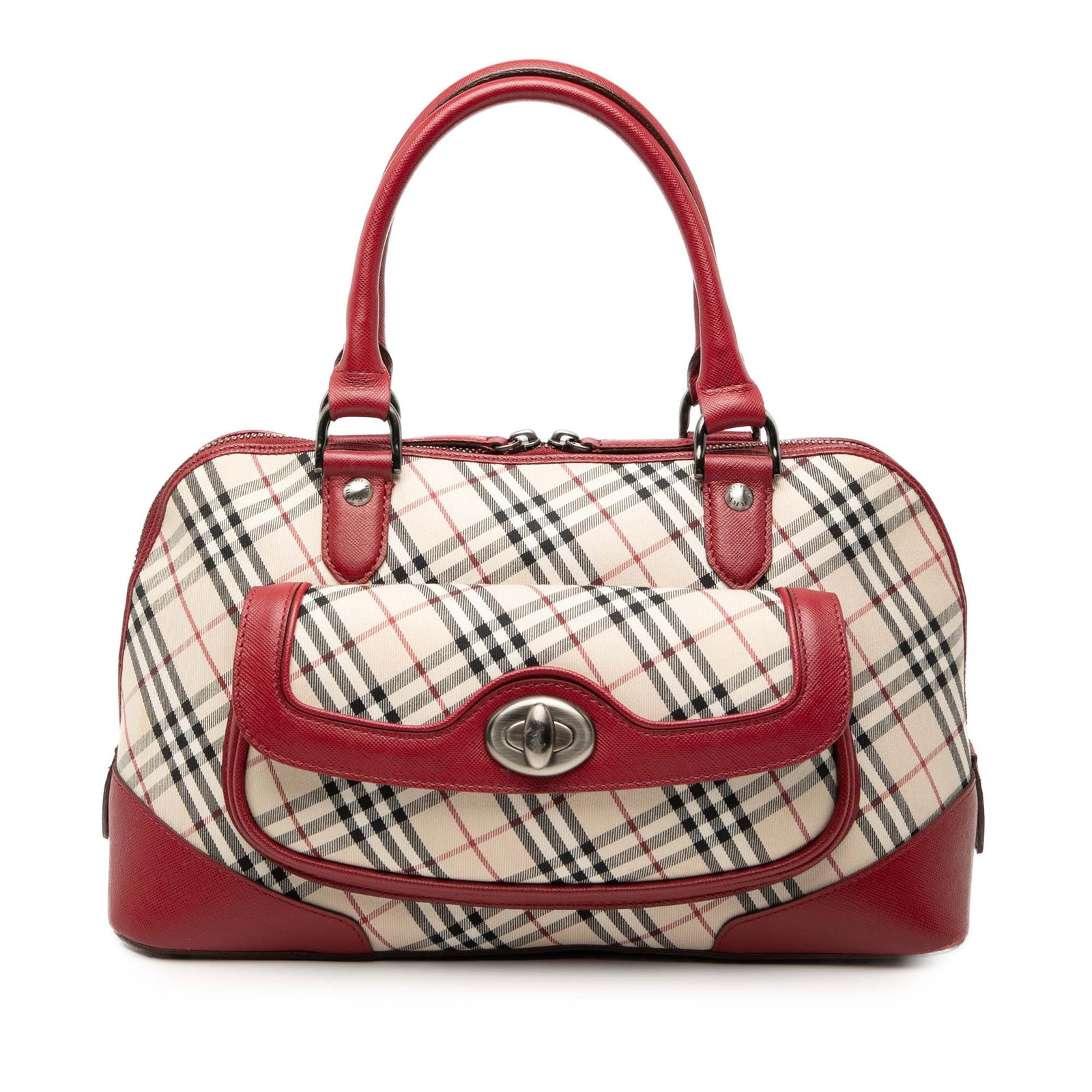 Beige Canvas Tote with Leather Trim by Burberry Nova Check: Beige Canvas Tote with Leather Trim by Burberry Nova Check This Burberry Nova Check Canvas Handbag features a signature canvas body with leather trim, rolled leather handles, a top zip closure, and an