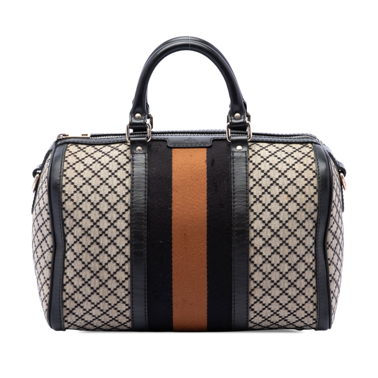 Gucci Joy Boston satchel in Diamante canvas with web stripe: Gucci Joy Boston satchel in Diamante canvas with web stripe Gucci Medium Diamante Canvas Web Joy Boston Bag with a canvas body, leather trim, and web detail. This satchel features rolled leather handl