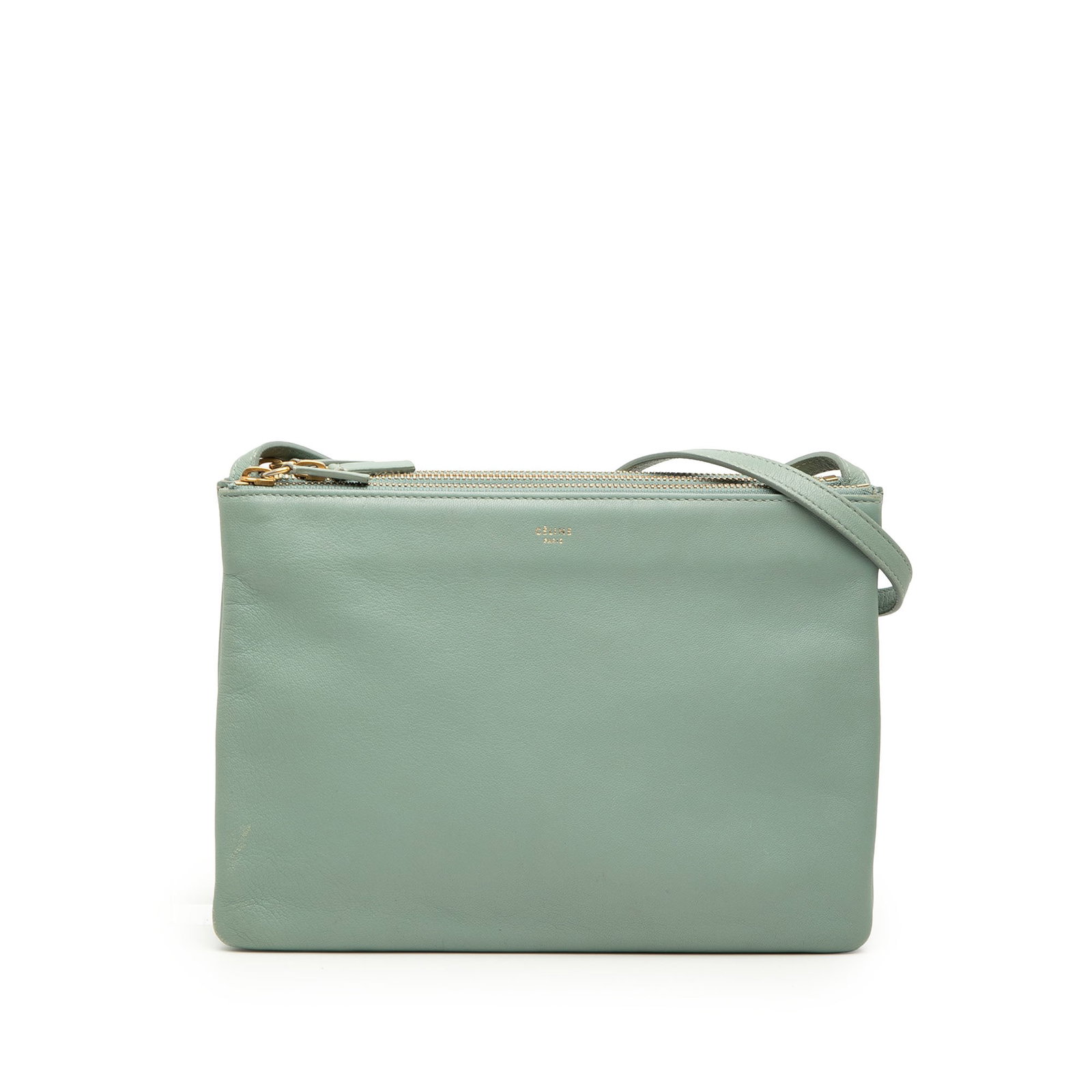 Celine Trio Large Green Lambskin Leather Crossbody Bag: Celine Trio Large Green Lambskin Leather Crossbody Bag Celine Large Trio crossbody bag crafted in green lambskin leather with a flat leather shoulder strap and triple top zip closures. Made in Italy. 