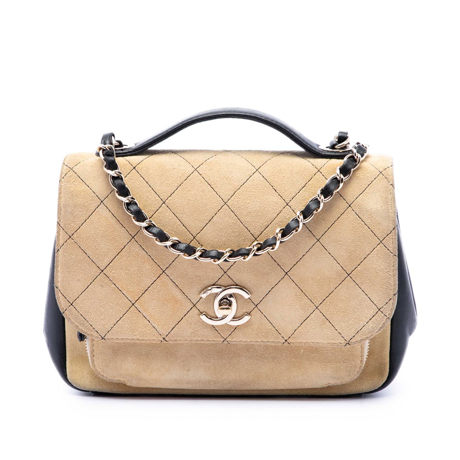 Chanel Business Affinity Medium Flap Bag Beige Quilted Suede: Chanel Business Affinity Medium Flap Bag Beige Quilted Suede A Chanel Business Affinity Flap bag in beige suede leather with leather trim. This medium flap style features a flat leather handle, a deta