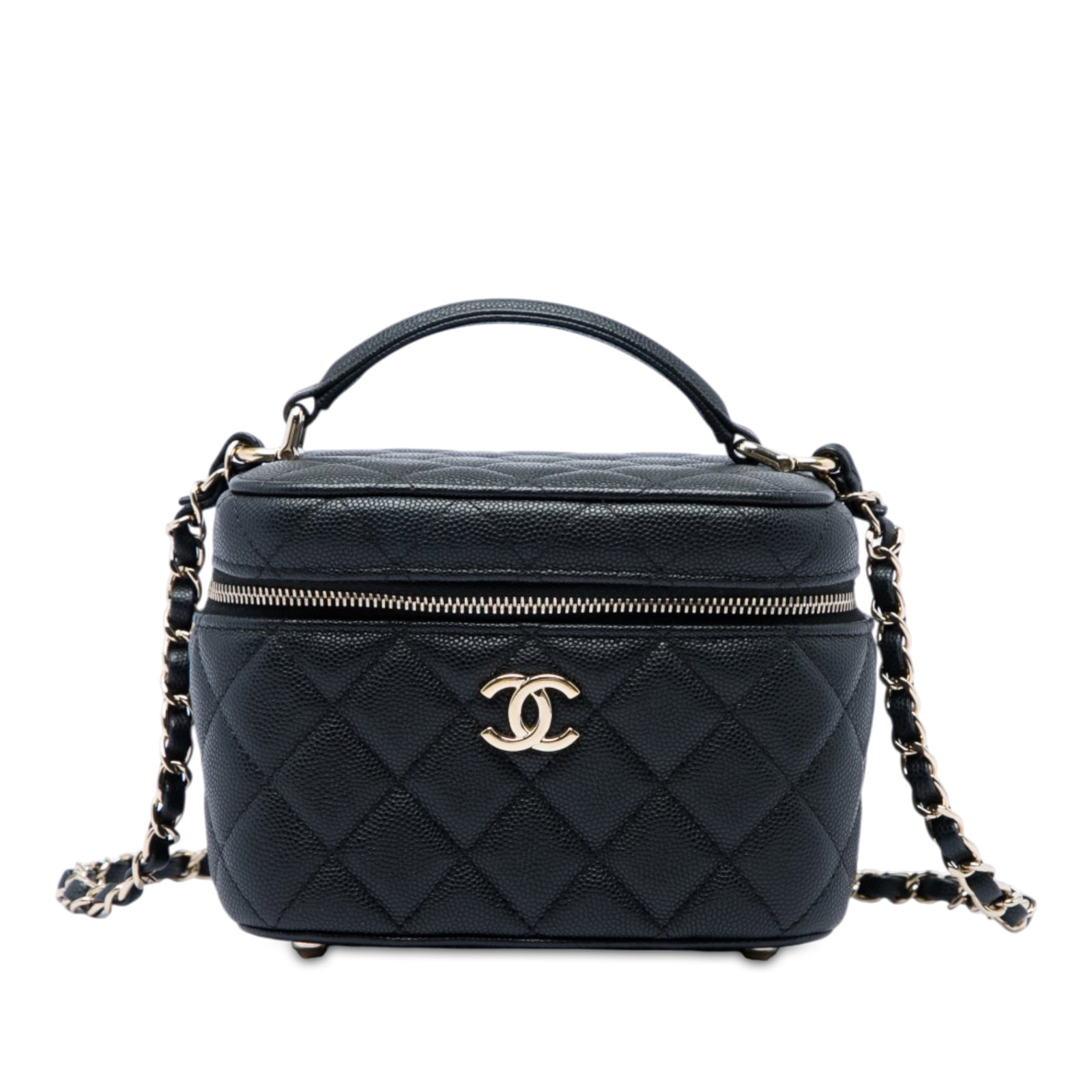 Chanel Vanity Case Small Quilted Caviar Leather Top Handle Chain Bag: Chanel Vanity Case Small Quilted Caviar Leather Top Handle Chain Bag A compact Chanel vanity case crafted in black quilted caviar leather. This top handle bag features a flat leather handle, a leather