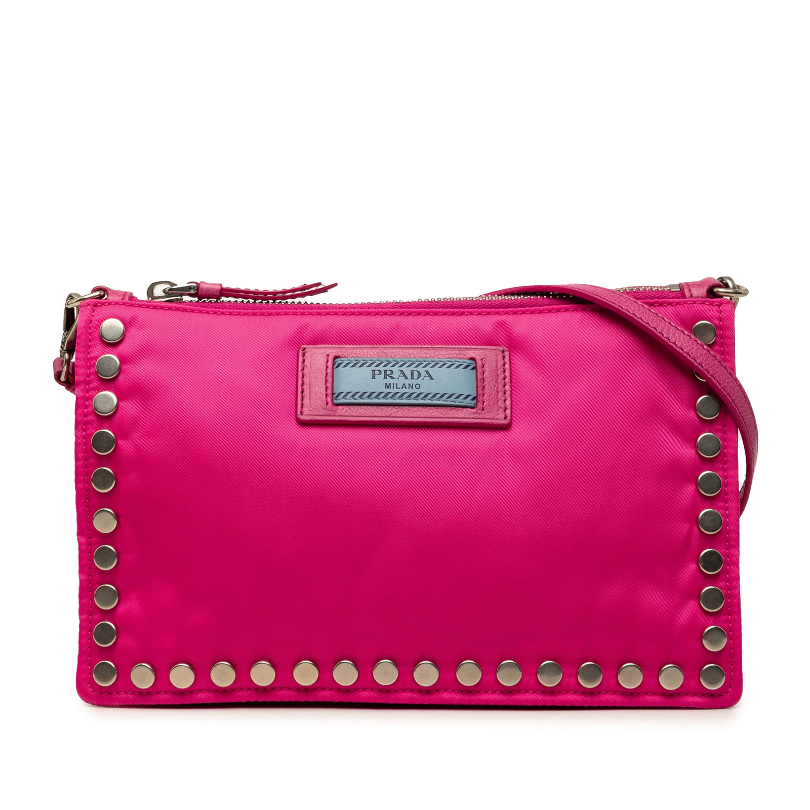 Prada Etiquette Pink Nylon Studded Crossbody Bag: Prada Etiquette Pink Nylon Studded Crossbody Bag Prada Tessuto Studded Etiquette shoulder bag in pink with a studded nylon body, flat leather strap, top zip closure, and an interior zip pocket. Includ