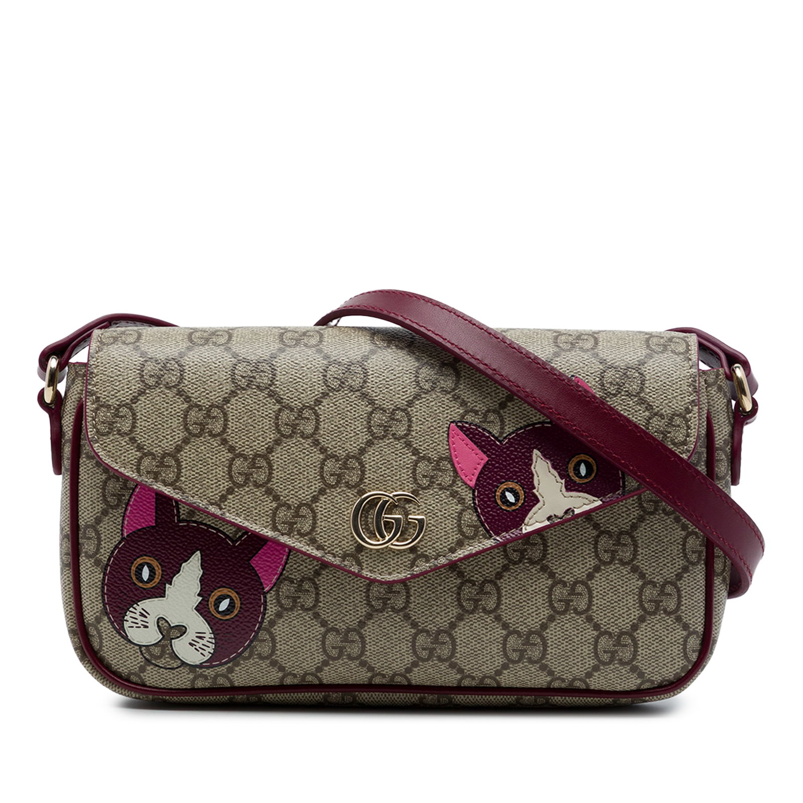 Gucci Ophidia GG Supreme Cat Print Crossbody Bag: Gucci Ophidia GG Supreme Cat Print Crossbody Bag Gucci GG Supreme Ophidia Cat Print Crossbody in beige with a printed coated canvas body and leather trim. This crossbody bag features an adjustable fla