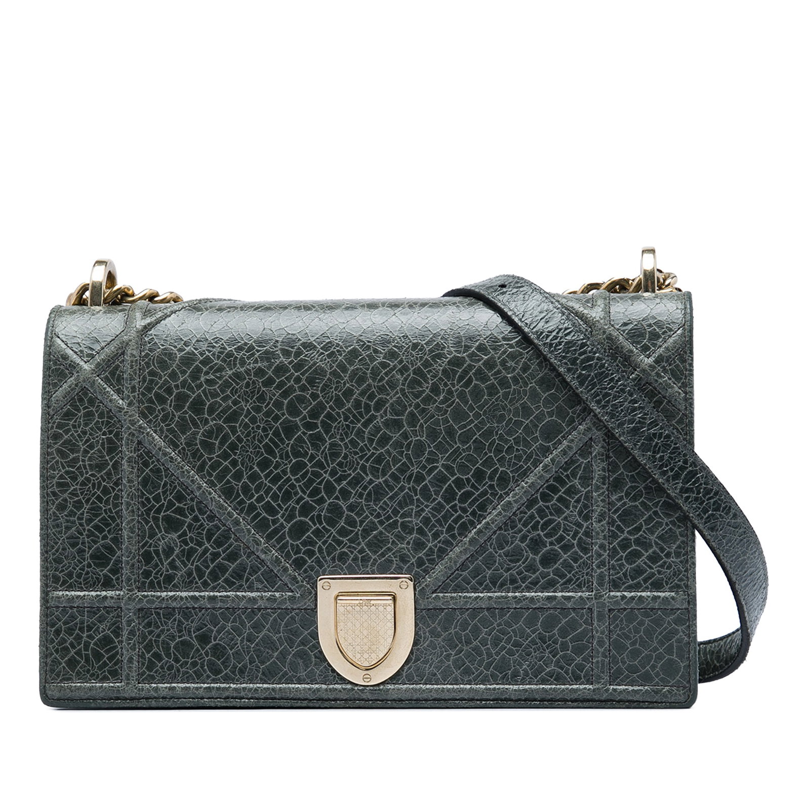Dior Diorama Medium Gray Crackled Deerskin Shoulder Bag: Dior Diorama Medium Gray Crackled Deerskin Shoulder Bag Medium Diorama flap bag crafted in gray crackled deerskin leather with a chain link shoulder strap and a front push-lock closure. The interior i