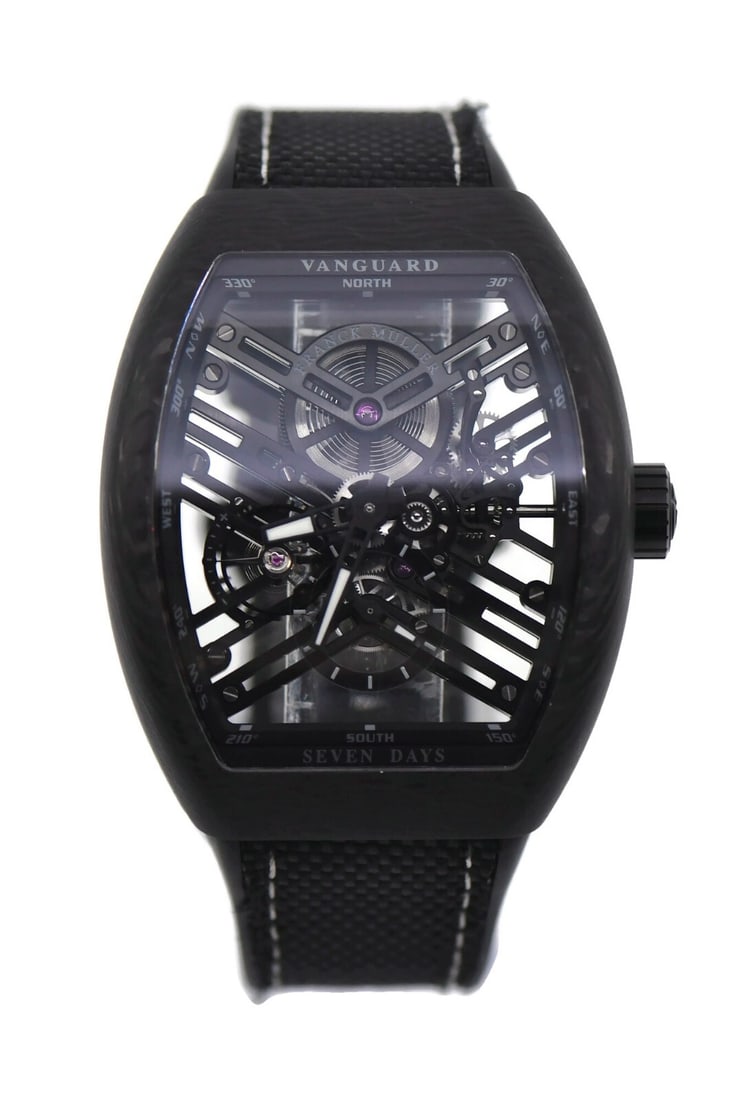 Franck Muller Vanguard V45S6SQT Black Carbon Watch with Box and Papers: Franck Muller Vanguard V45S6SQT Black Carbon Watch with Box and Papers Discover the elegance of the Franck Muller Vanguard Black Carbon Watch, a sophisticated wristwatch crafted for the discerning ind