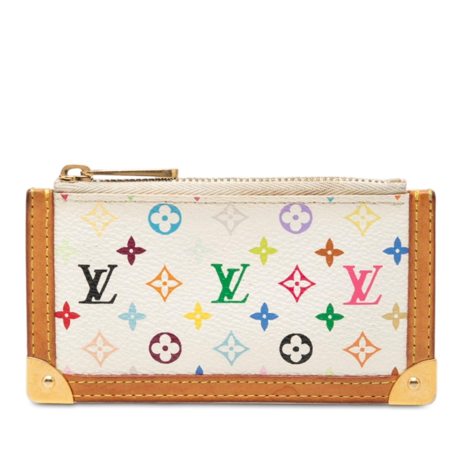 Louis Vuitton Pochette Cles Monogram Multicolore Coin Pouch: Louis Vuitton Pochette Cles Monogram Multicolore Coin Pouch A compact Louis Vuitton Monogram Multicolore Pochette Cles coin pouch in white with vachetta leather trim and a top zip closure. Made in Spa