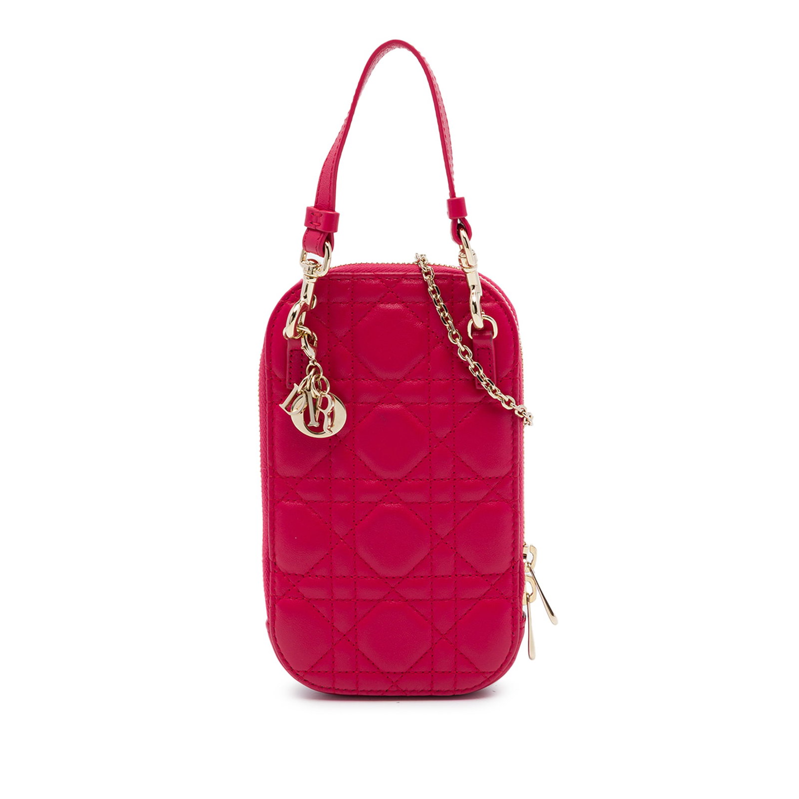 Dior Lady Dior Call in red lambskin phone holder: Dior Lady Dior Call in red lambskin phone holder A compact Dior phone holder crafted in red quilted lambskin leather with the signature Cannage design. This piece features a flat leather handle, a det