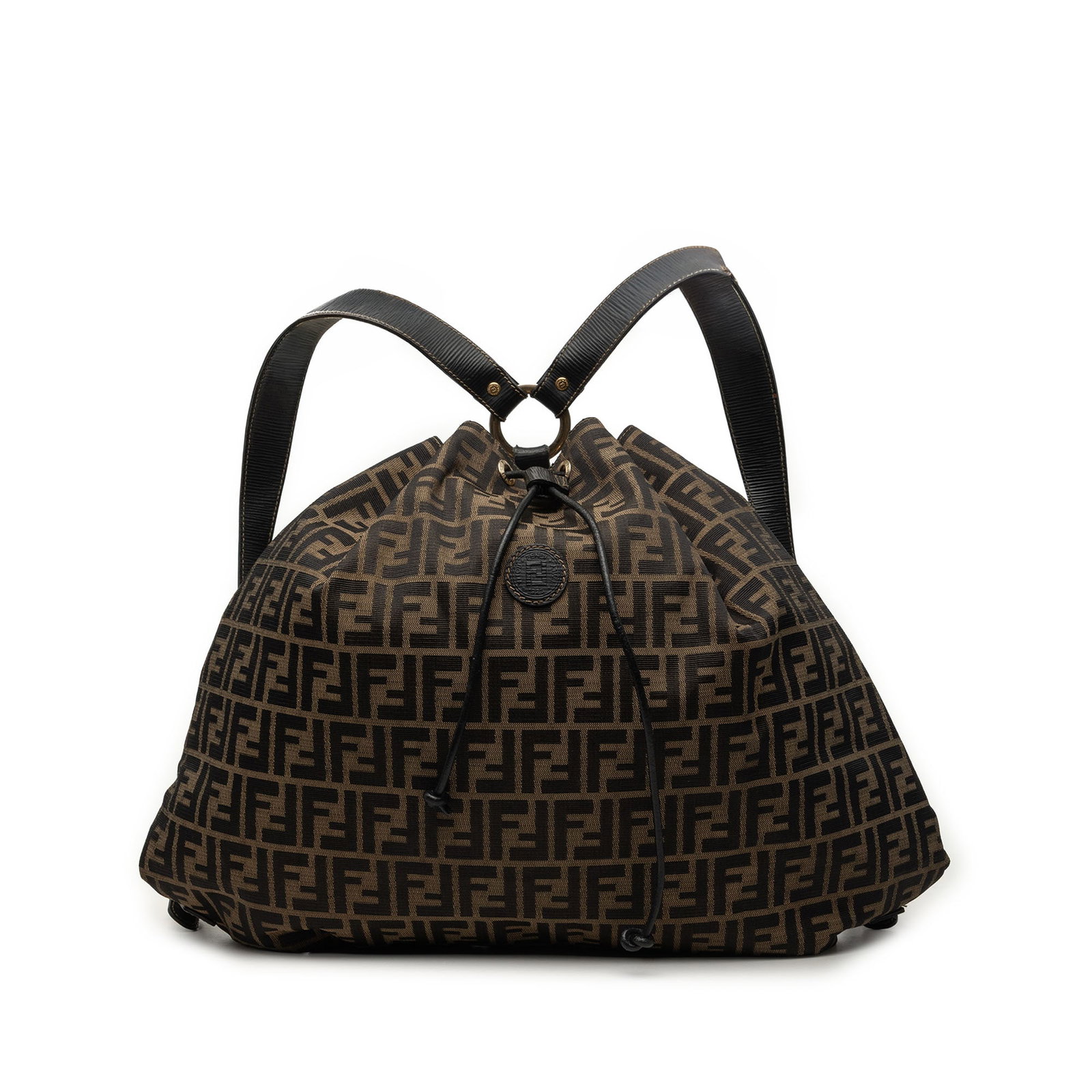 Fendi Zucca Brown Canvas Backpack with Drawstring Closure: Fendi Zucca Brown Canvas Backpack with Drawstring Closure Fendi Zucca drawstring backpack crafted in canvas with leather back straps. This backpack features an open top with drawstring closure and an 