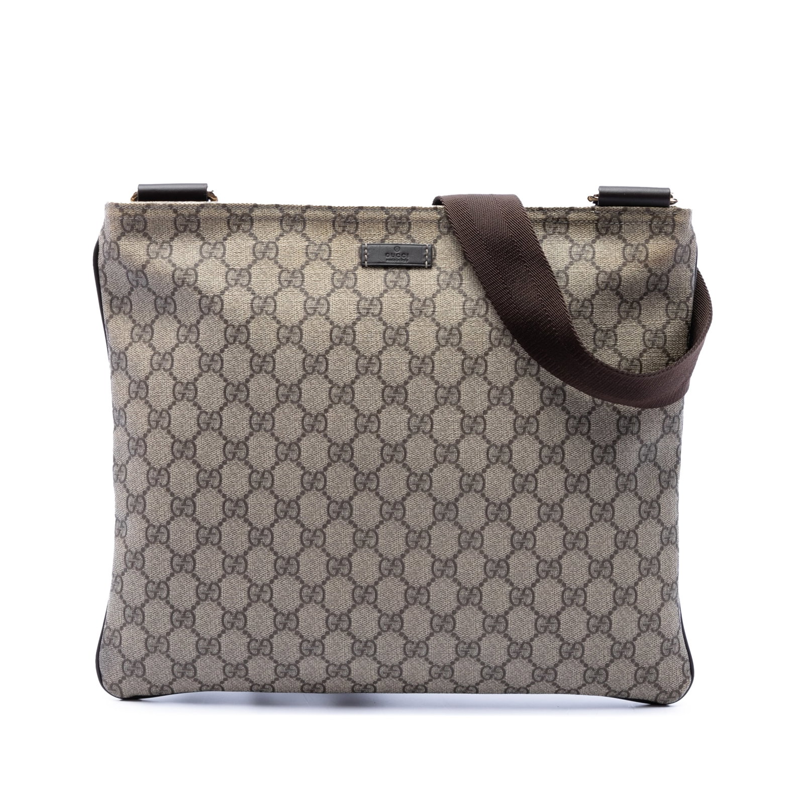 Gucci GG Supreme Beige Coated Canvas Crossbody Bag: Gucci GG Supreme Beige Coated Canvas Crossbody Bag Gucci GG Supreme crossbody bag in beige, made in Italy. It features a coated canvas body with leather trim, an adjustable flat shoulder strap, a top 