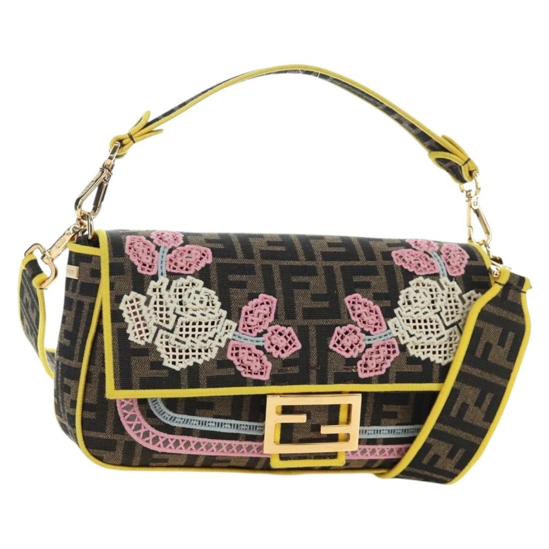 FENDI 8BR600 Mamma Baguette Shoulder Bag Zucca Canvas Multicolor: FENDI 8BR600 Mamma Baguette Shoulder Bag Zucca Canvas Multicolor Fendi Mamma Baguette shoulder bag in multicolor Zucca canvas with embroidered detailing. Made in Italy, this women's bag includes a dus